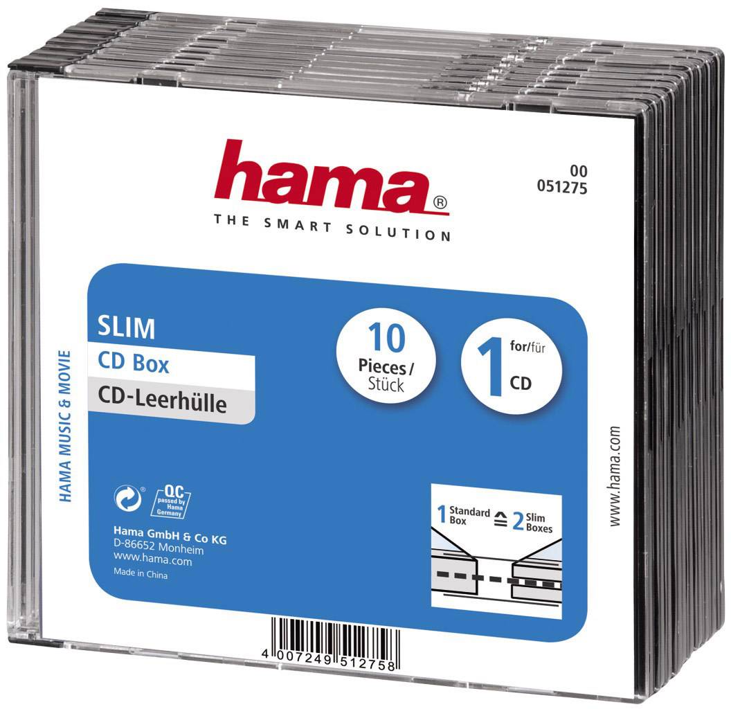 CD-Leerhüllen von Hama für 10 Stück, geeignet für eine CD pro Hülle, in schlankem Design. Verpackung zeigt Produktbild und Barcode.