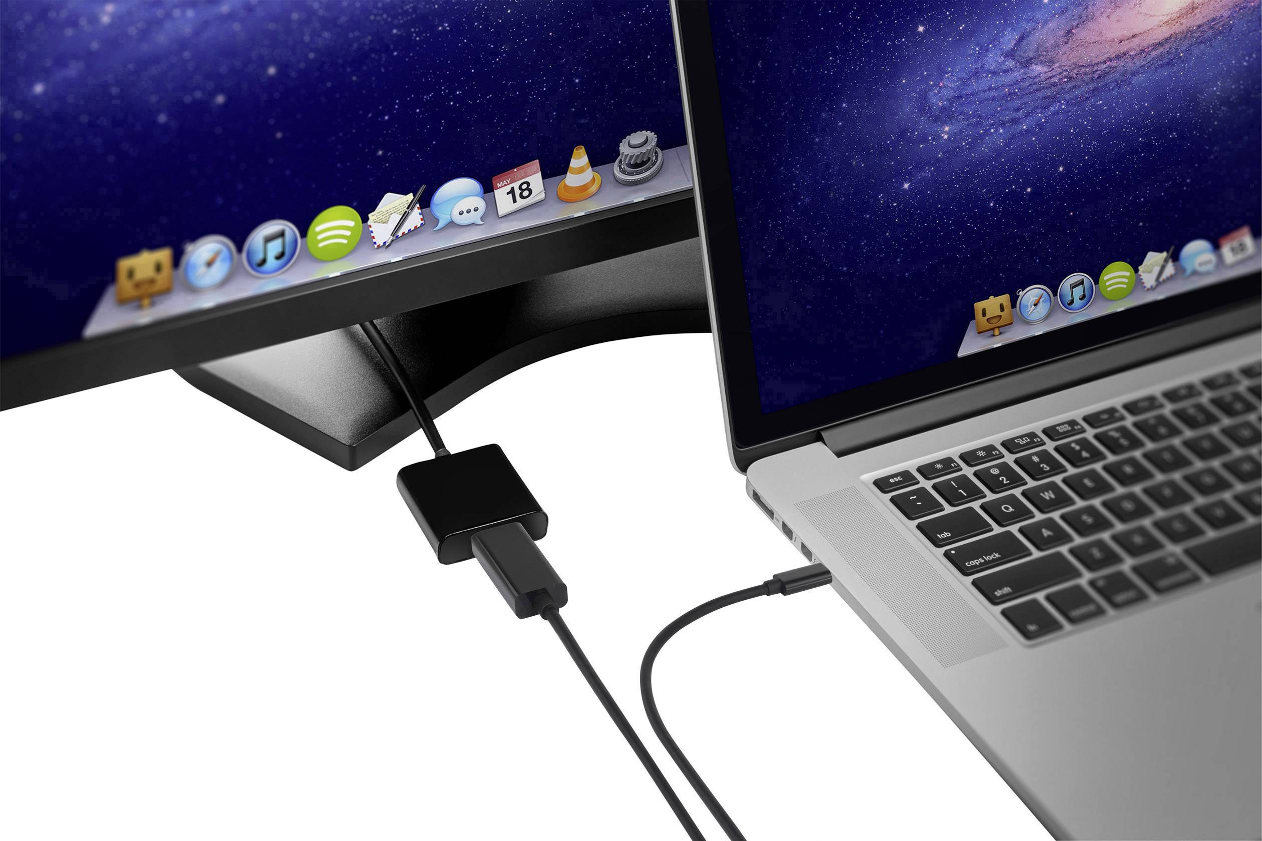 Ein Laptop ist über ein Kabel mit einem externen Monitor verbunden, der den Desktop mit Symbolen zeigt. Der Fokus liegt auf der Verbindung.