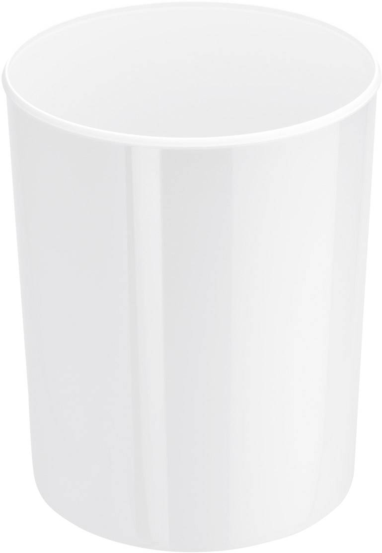 Ein einfacher, weißer Becher aus Kunststoff steht aufrecht auf einer Oberfläche.