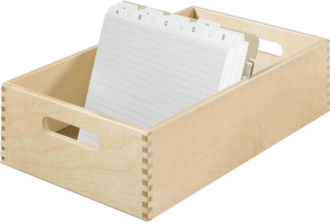 Holzkiste mit Karteireitern, markiert mit Buchstaben A bis E, und leeren linierten Karteikarten.