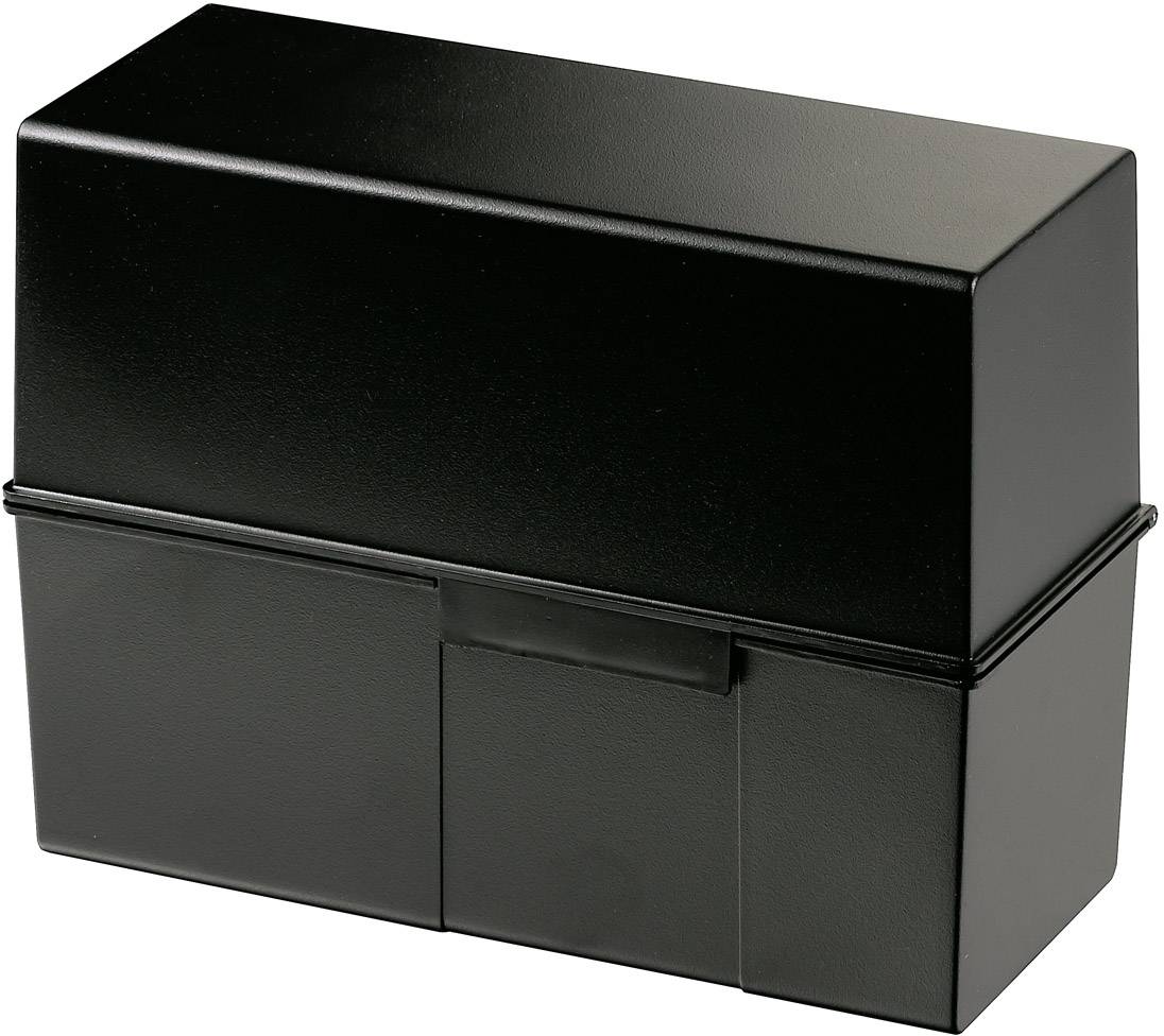 Eine schwarze Plastik-Aufbewahrungsbox mit abnehmbarem Deckel, rechteckiger Form und glatter Oberfläche.