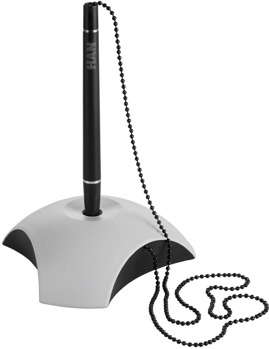 Ein schwarzer Kugelschreiber ist an einem grauen, gewölbten Ständer befestigt. Eine Kette verbindet den Stift mit dem Ständer.