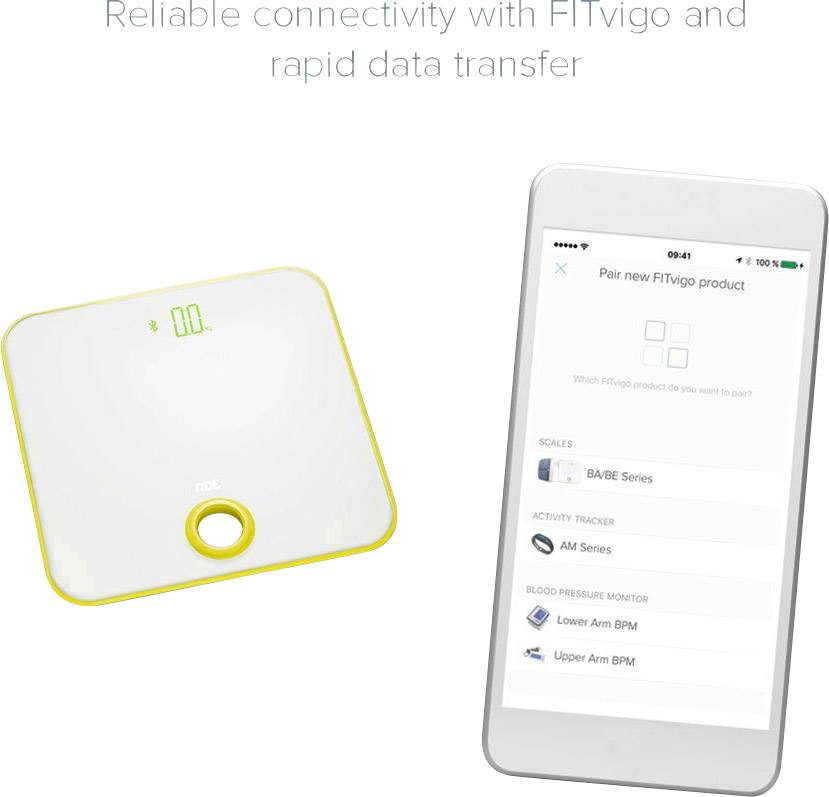 Digitale Personenwaage Bluetooth ADE BE 1614 FITvigo Wägebereich (max.)=180 kg Weiß, Zitronengelb
