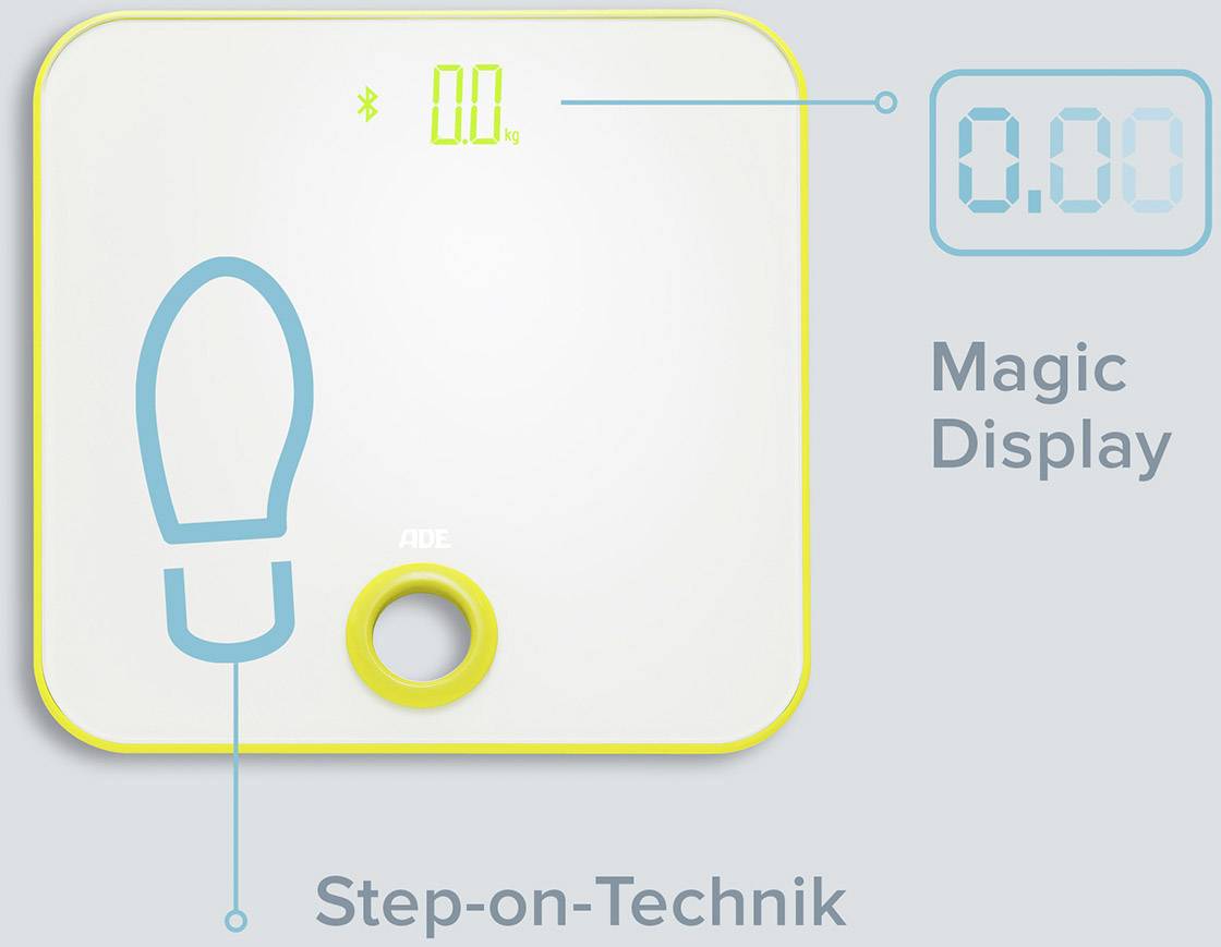 Digitale Personenwaage Bluetooth ADE BE 1614 FITvigo Wägebereich (max.)=180 kg Weiß, Zitronengelb