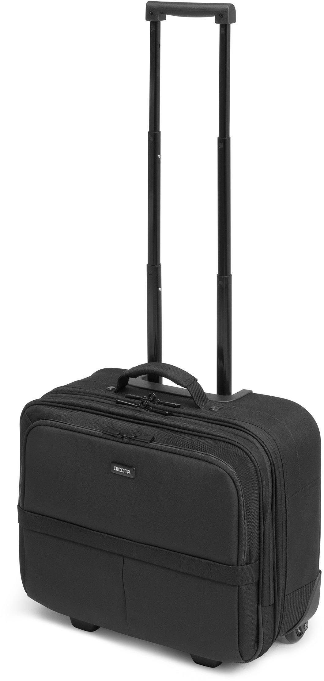 Schwarzer, handgepäcktauglicher Rollkoffer mit ausziehbarem Griff, ideal für Geschäftsreisen oder Kurztrips.