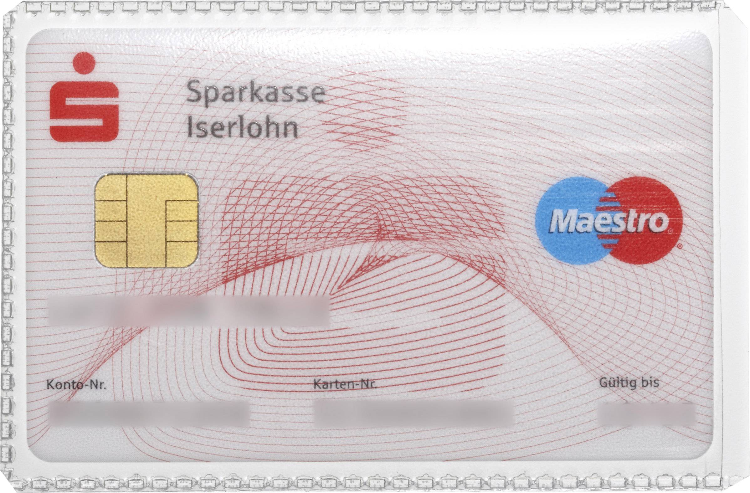 Bankkarte mit Chip der Sparkasse Iserlohn, Maestro-Logo rechts.