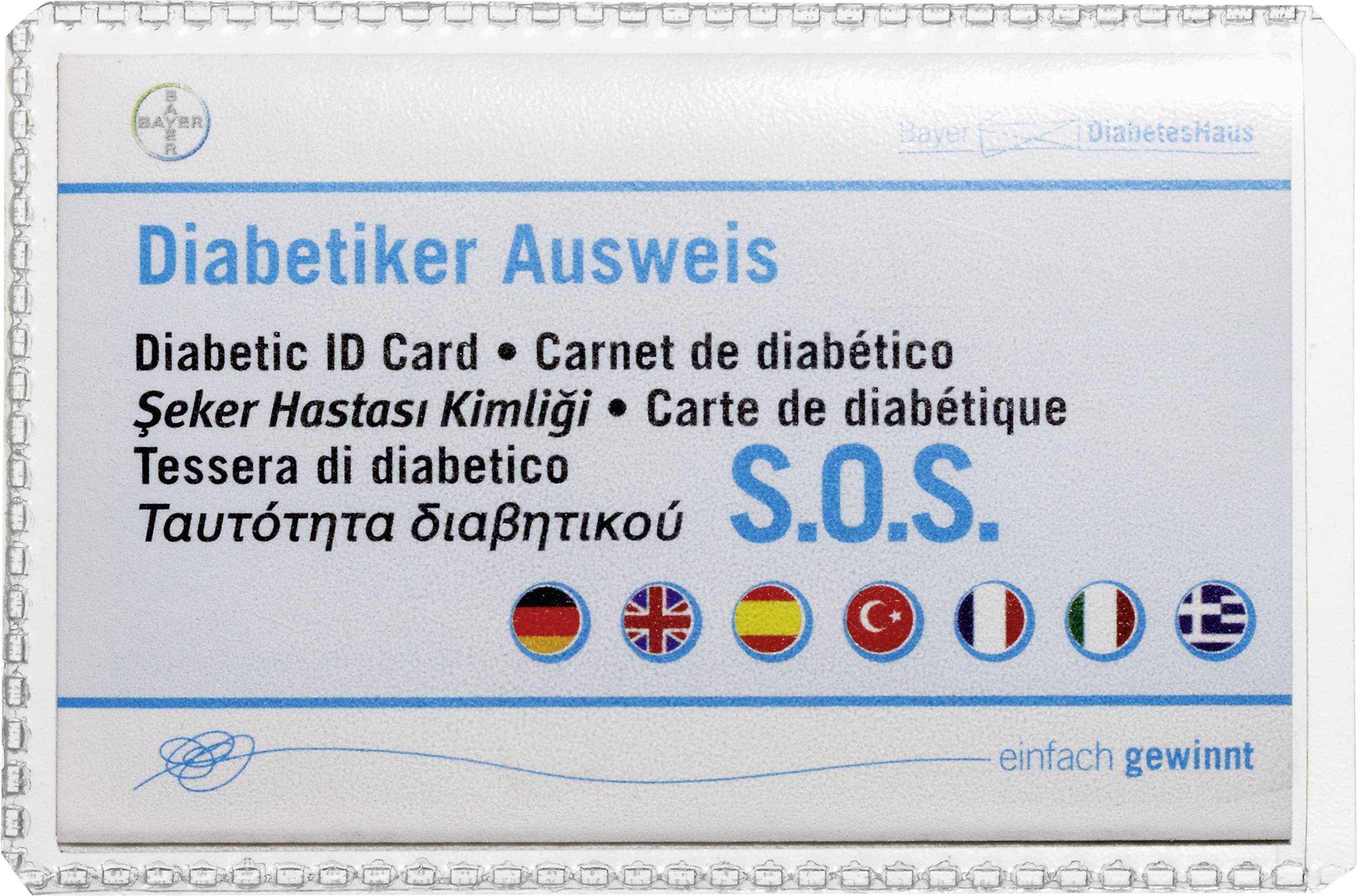 'Diabetiker Ausweis' steht oben. Darunter mehrere Übersetzungen, einschließlich 'Diabetic ID Card'. Unten sind internationale Flaggen abgebildet.