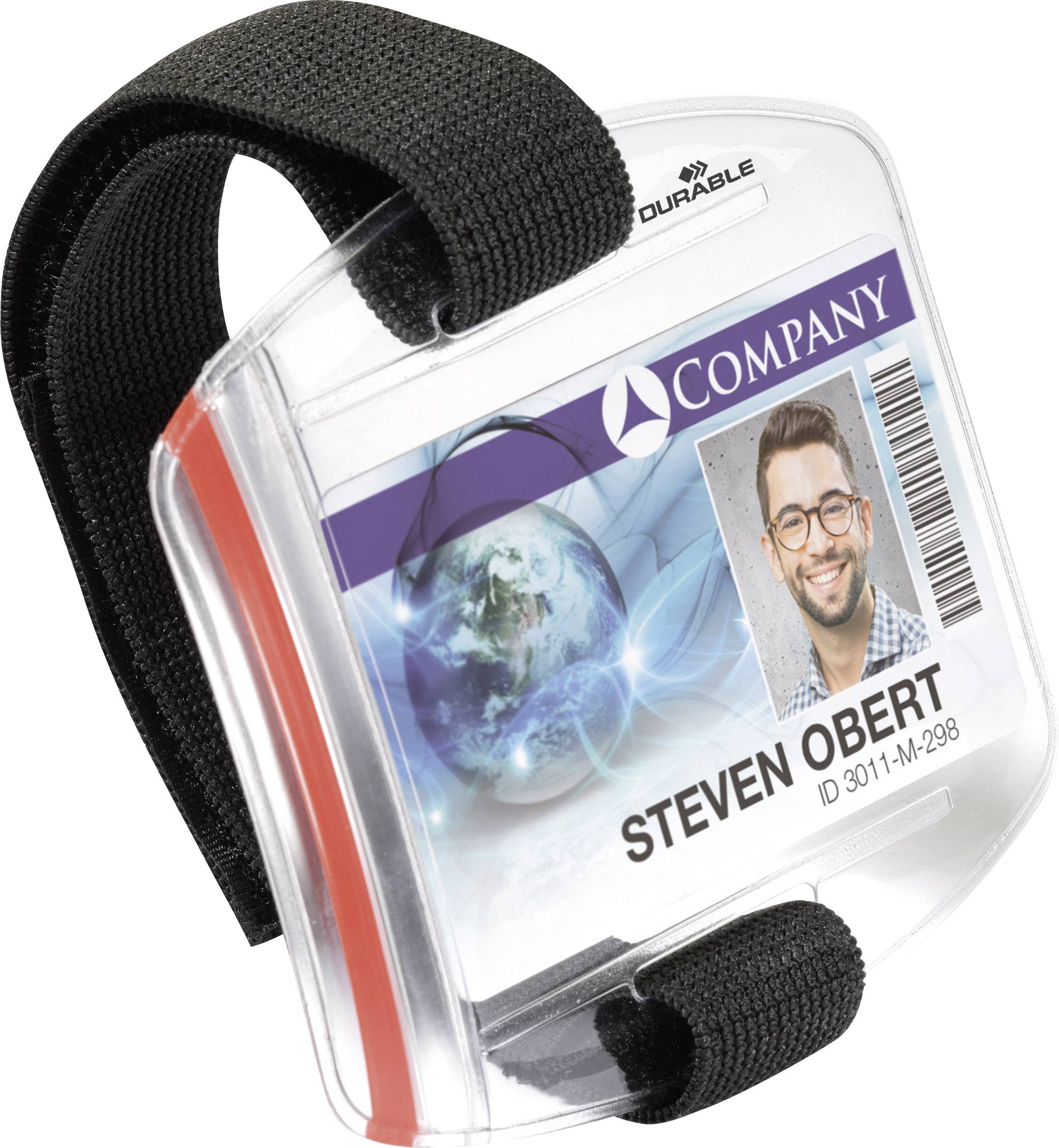 Armband-Ausweishalter mit Sichtfenster zeigt eine Beispielkarte mit einem Foto eines lächelnden Mannes, dem Firmennamen und einer ID-Nummer.