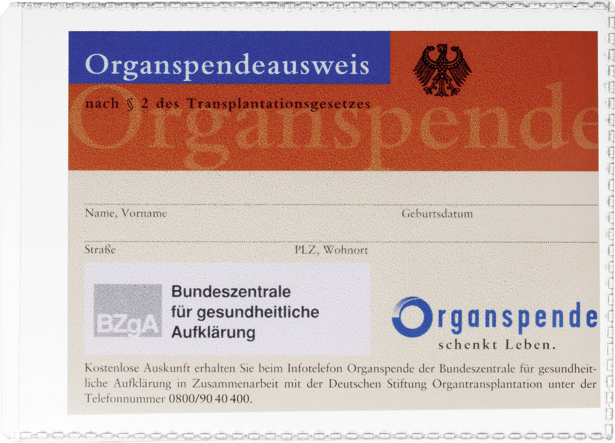 Organspendeausweis mit Feldern für Name, Geburtsdatum, Adresse. Logo der Bundeszentrale für gesundheitliche Aufklärung. Text: 'Organspende schenkt Leben'.