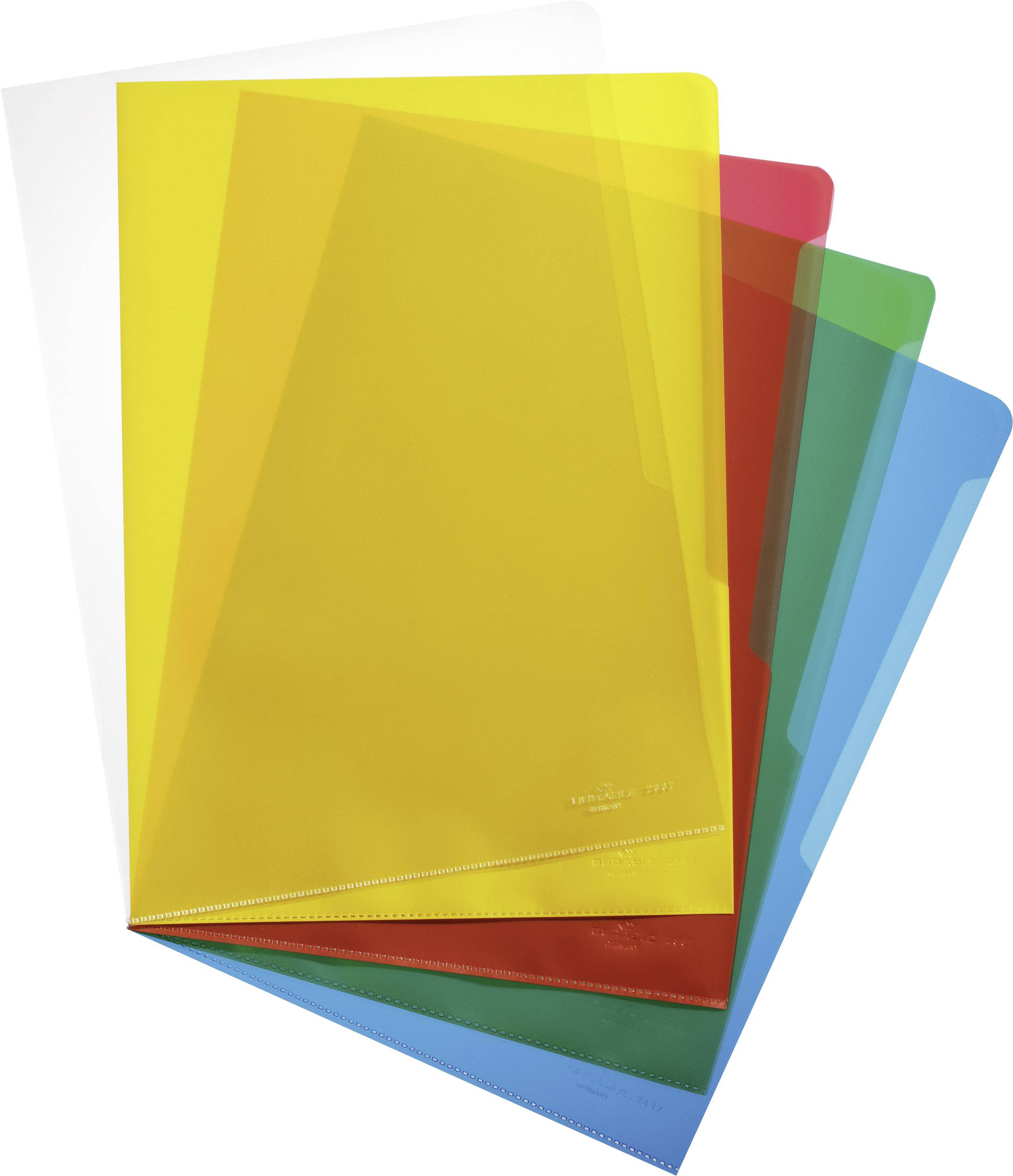 Fünf transparente Dossiermappen in Gelb, Rot, Grün und Blau gestaffelt übereinander liegend. Ideal zur Organisation von Dokumenten.
