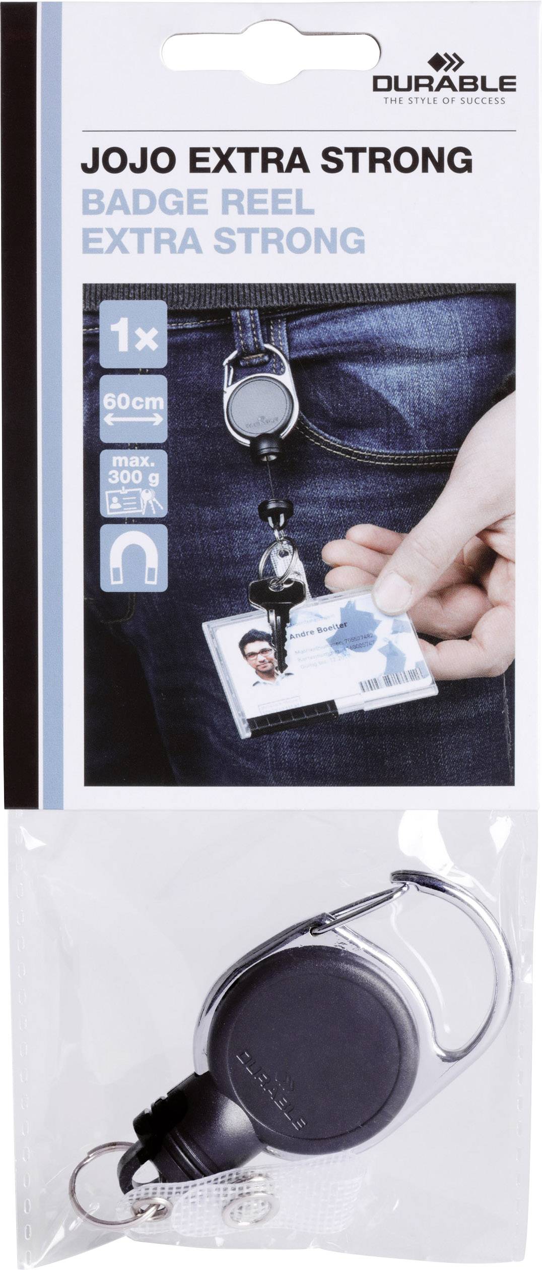 Verpackung eines extra starken Jojo-Ausweisclips. Zeigt Anwendung am Gürtel mit ID-Karte. Maximale Tragkraft: 300g, Länge: 60cm.