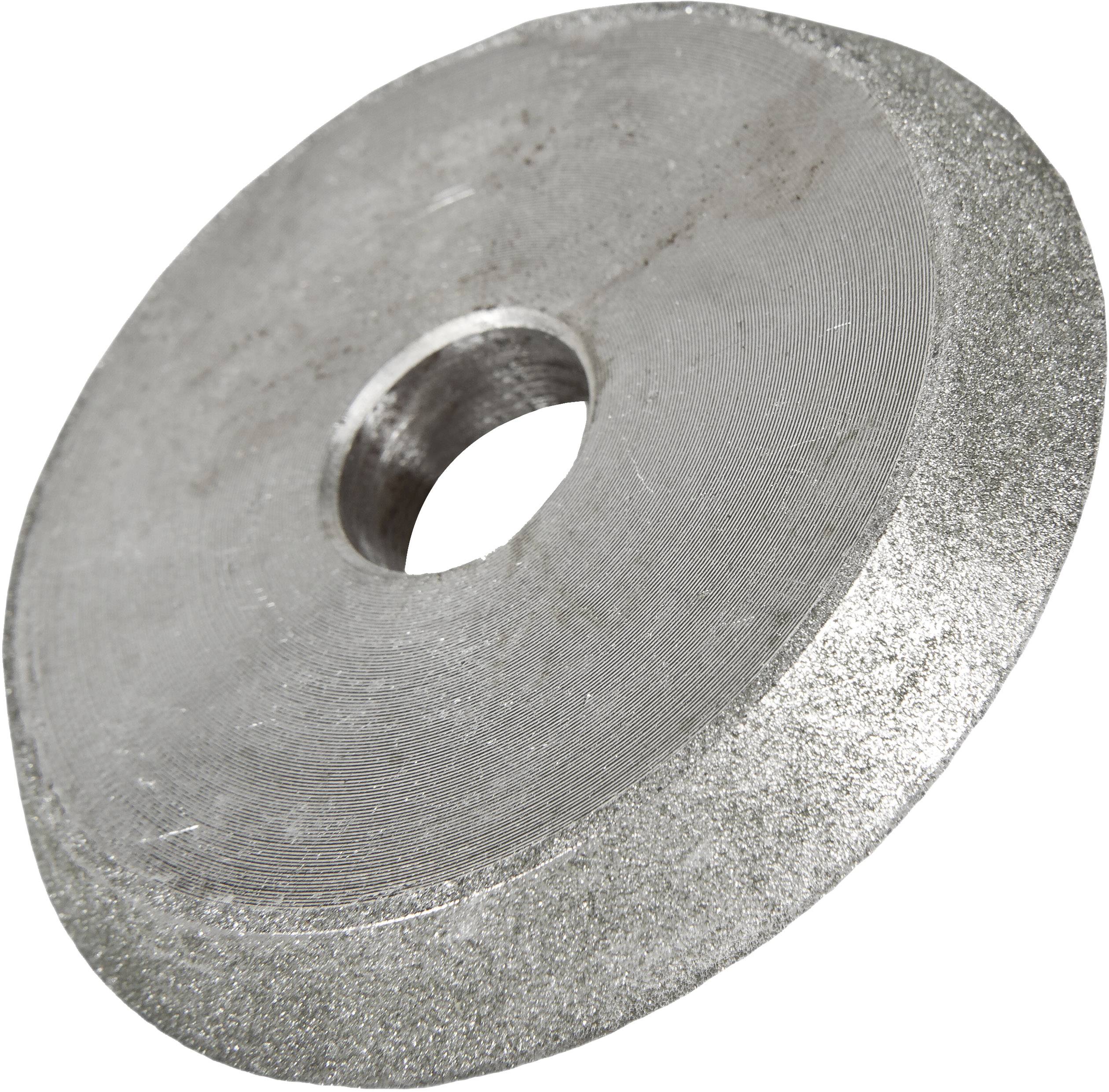 Rundes Metallrad mit zentraler Öffnung, verwendet für Schleifanwendungen. Die Textur zeigt feine Rillen, die für den Abrieb sorgen.