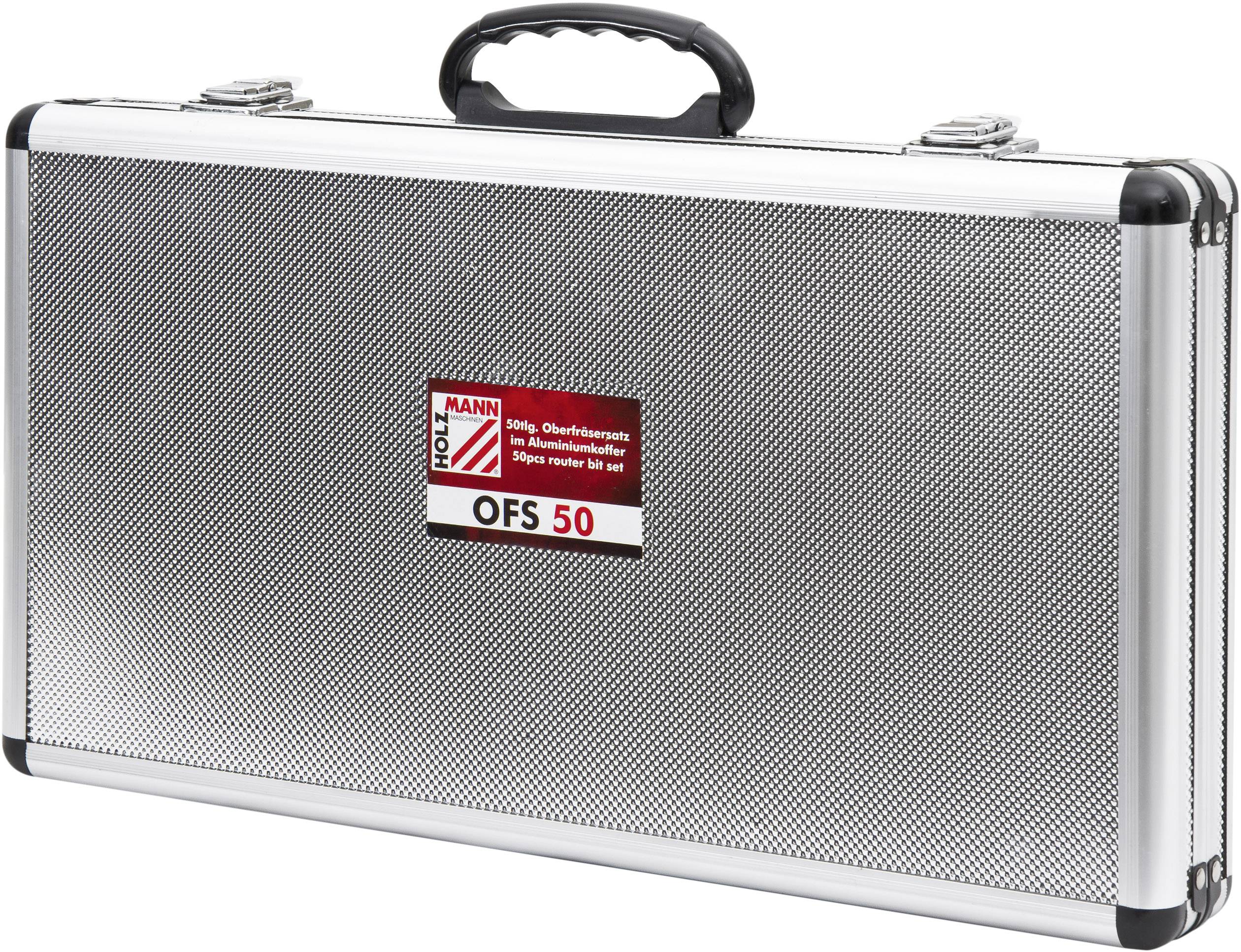 Silberner Koffer mit schwarzem Griff, Etikett 'OFS 50' mit Informationen zur Oberfläche innen.