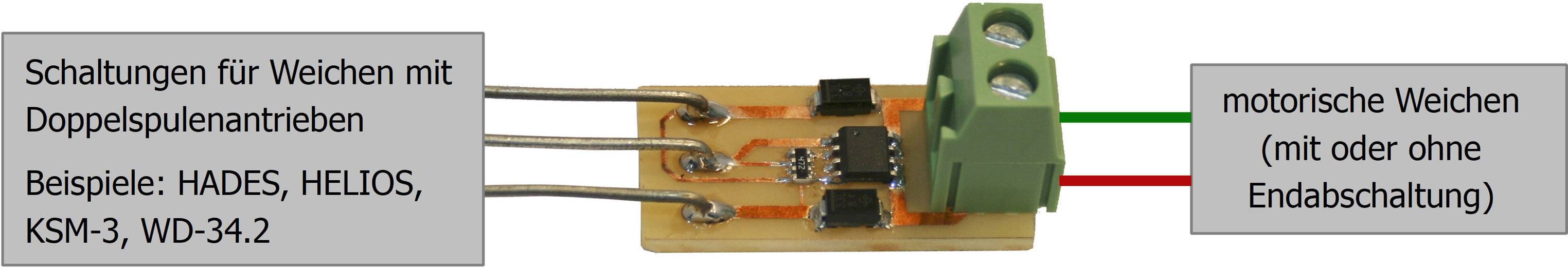 Schaltungen für Weichen mit Doppelspulenantrieben und motorische Weichen. Beispielbeschriftungen: HADES, HELIOS, KSM-3, WD-34.2.