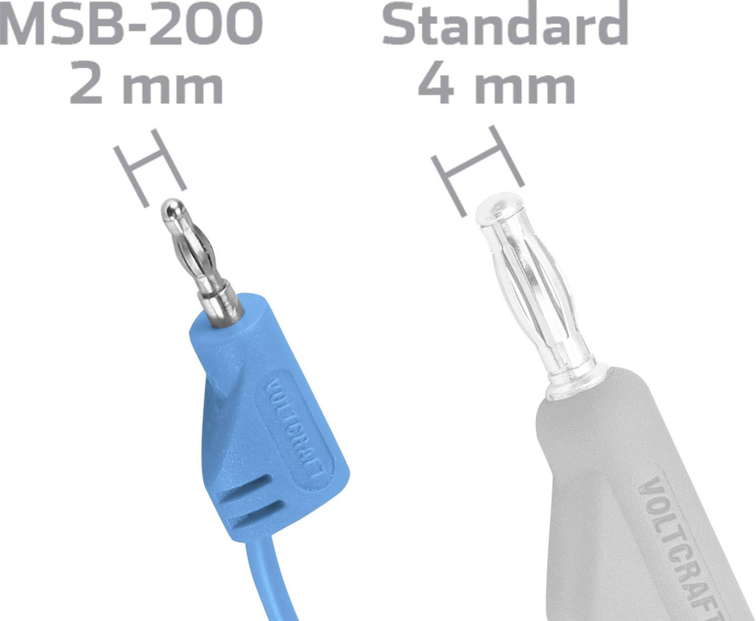 'MSB-200' Messleitungen mit 2 mm Bananenstecker im Vergleich zu einem Standard 4 mm Bananenstecker. Beide von Voltcraft.