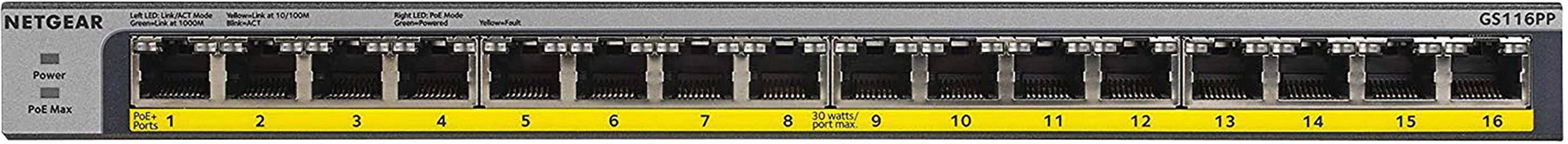 Netzwerk-Switch mit 16 Ethernet-Ports, beschriftet von 1 bis 16. Markenname oben links, Betriebszustands-LEDs auf der linken Seite.