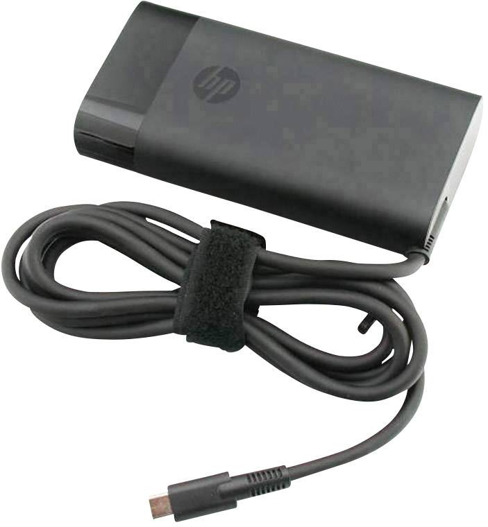 Schwarzes Laptop-Netzteil mit langem Kabel, seitlich gewickelt und mit Klettband zusammengehalten, für tragbare Computer geeignet.