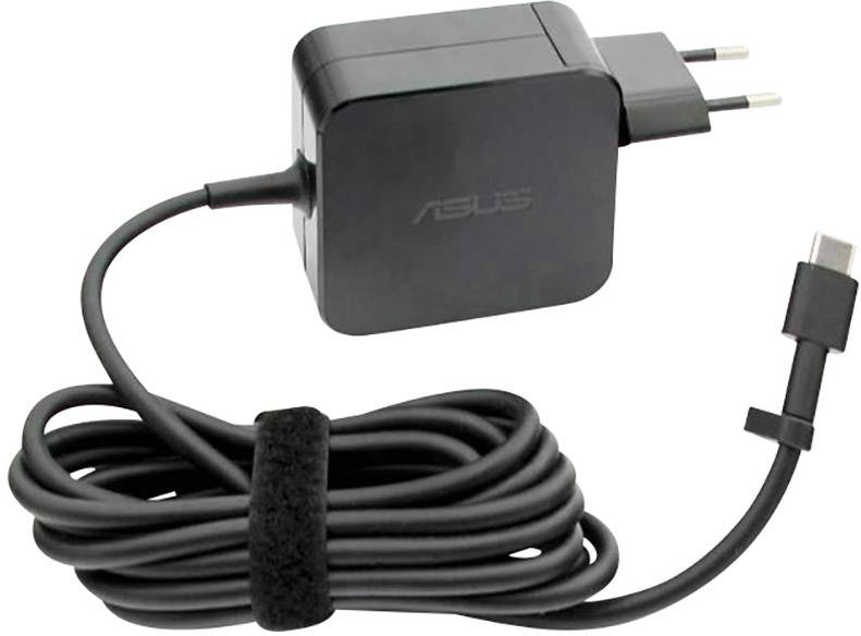 Schwarzes Netzteil mit europäischem Stecker und USB-C-Kabel, aufgerollt mit Klettverschluss, für Asus-Geräte.