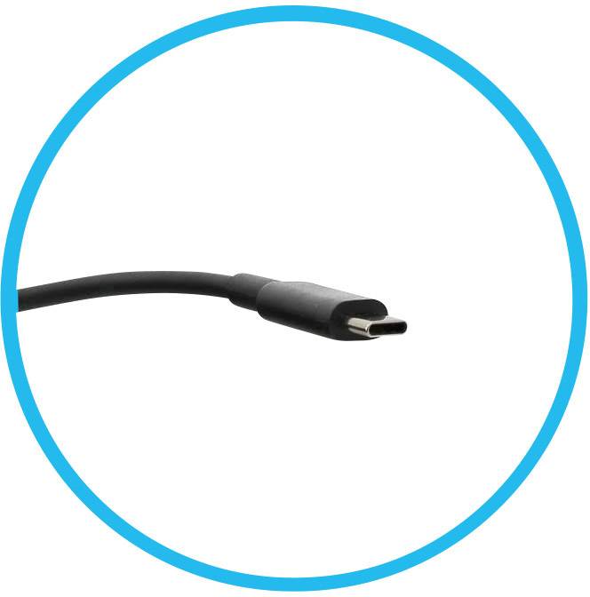 Ein schwarzes USB-C-Kabel mit blauem ovalem Rahmen, horizontal ausgerichtet. Es zeigt den Stecker und einen Teil des Kabels.