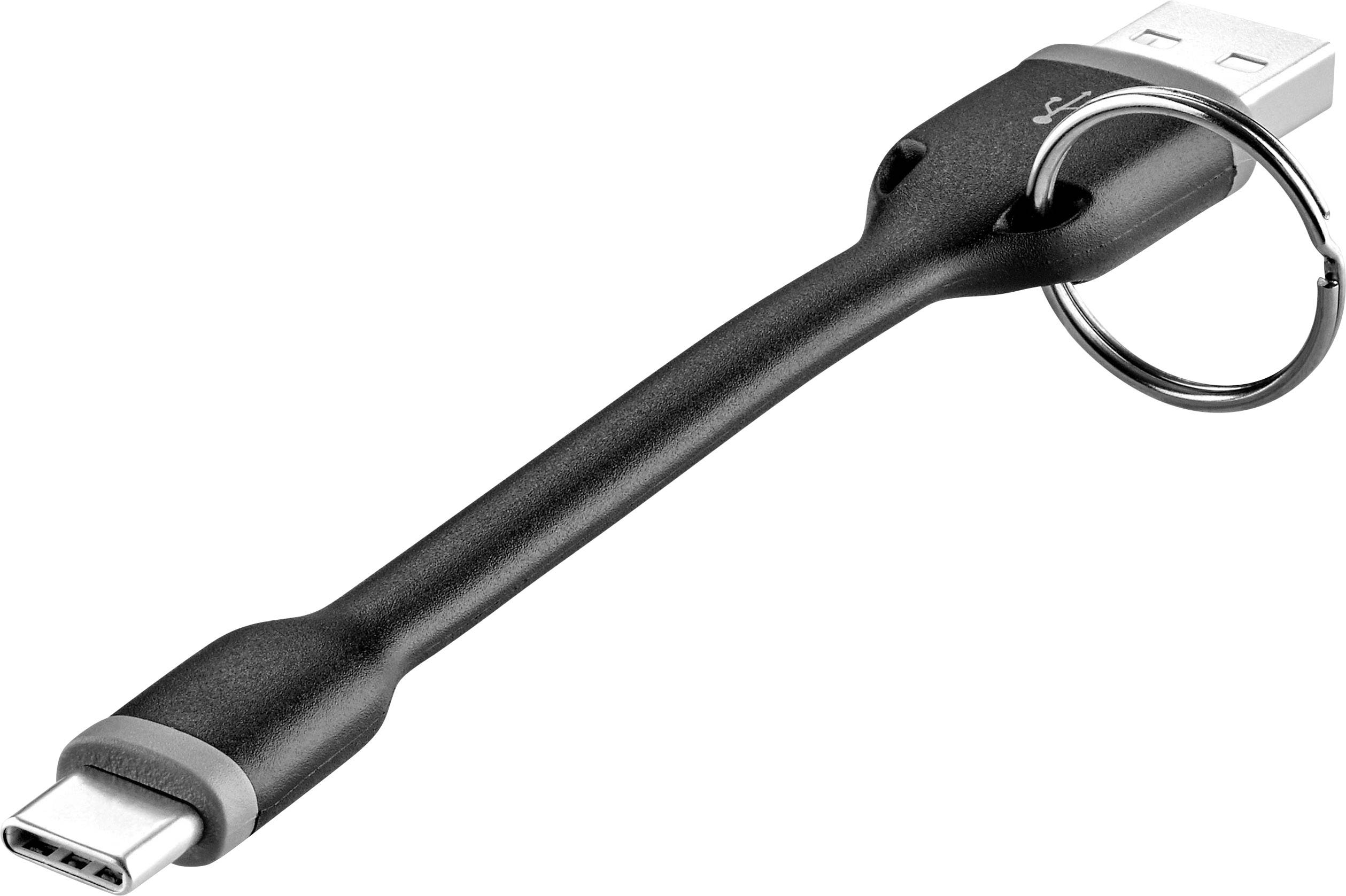 Schwarzes USB-Kabel mit USB-A- und USB-C-Anschlüssen, integriertem Schlüsselring, geeignet für Datenübertragung und Aufladen.
