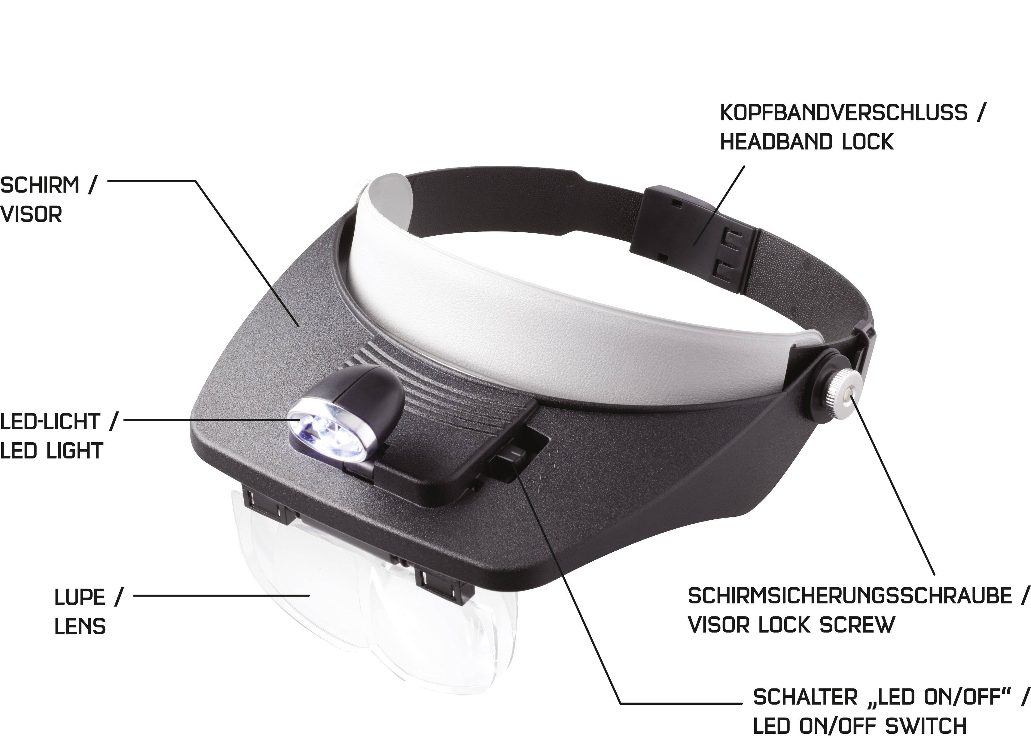 TOOLCRAFT TO-5137803 Kopflupe mit LED-Beleuchtung Vergrößerungsfaktor: 1.2 x, 1.8 x, 2.5 x, 3.5 x Linsengröße: (L x B) 102mm