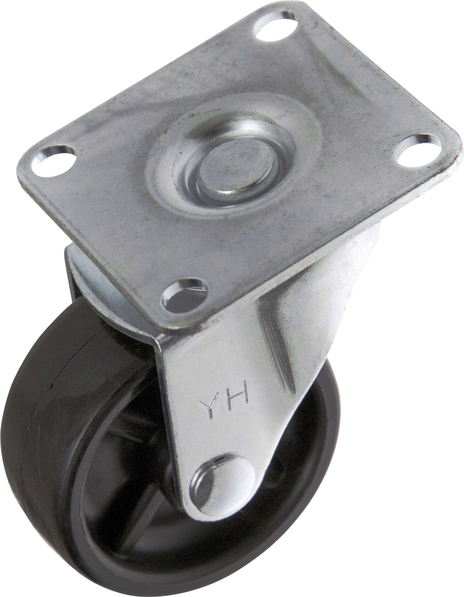 Ein einzelnes schwarzes und silbernes Rad mit einer Metallplatte und vier Befestigungslöchern, geeignet für Möbel oder Geräte.