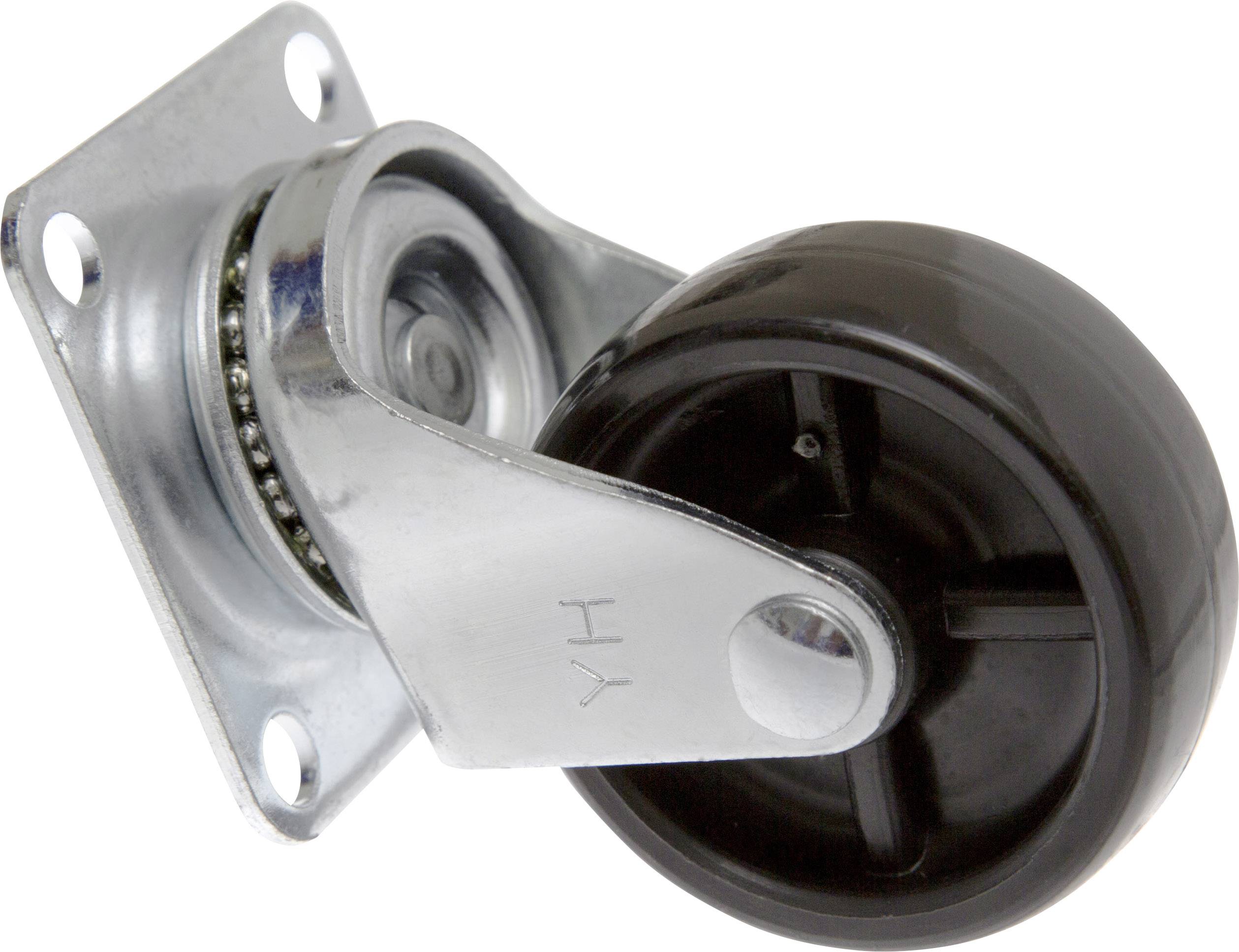 Rollenrad aus schwarzem Kunststoff und Metallhalterung auf rechteckiger Basis mit Bohrlöchern, häufig verwendet für Möbel.