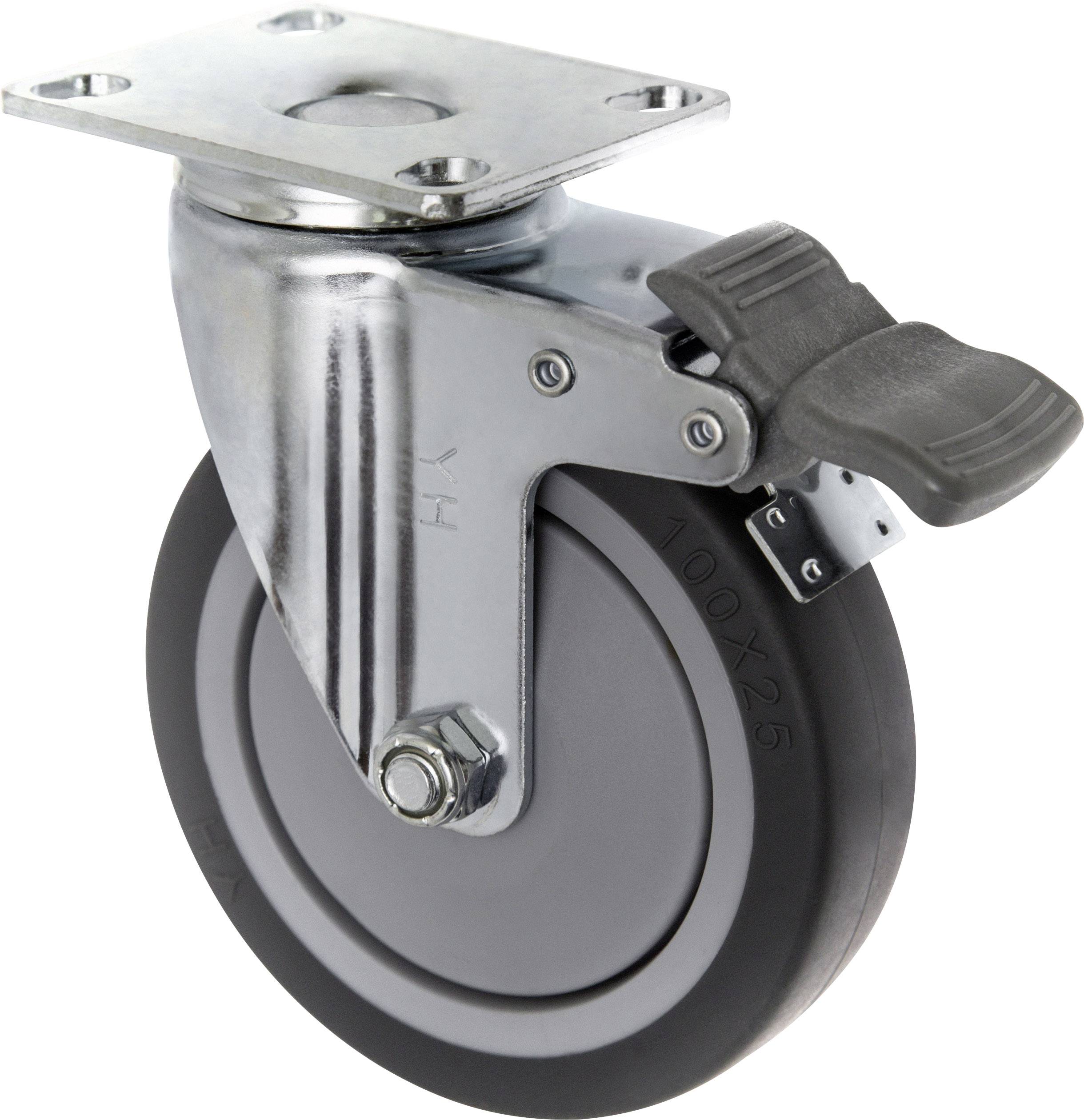 Metallrolle mit grauem Gummirad, feststellbar, zeigt seitliche Ansicht des Rades und der Halterung.