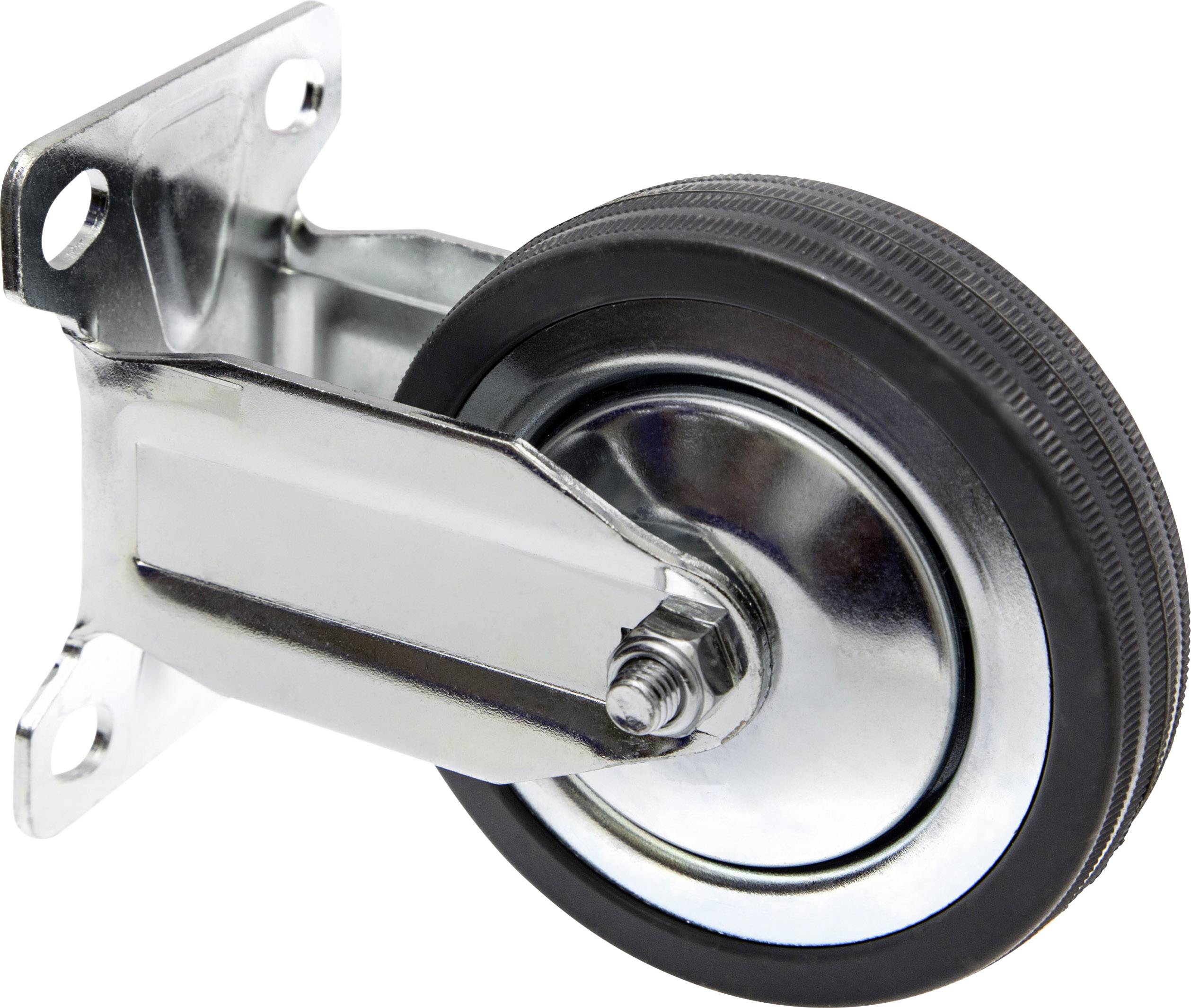 Schwenkrolle aus Metall mit schwarzem Gummirad und Befestigungsplatte, geeignet für Möbel oder Transportgeräte.