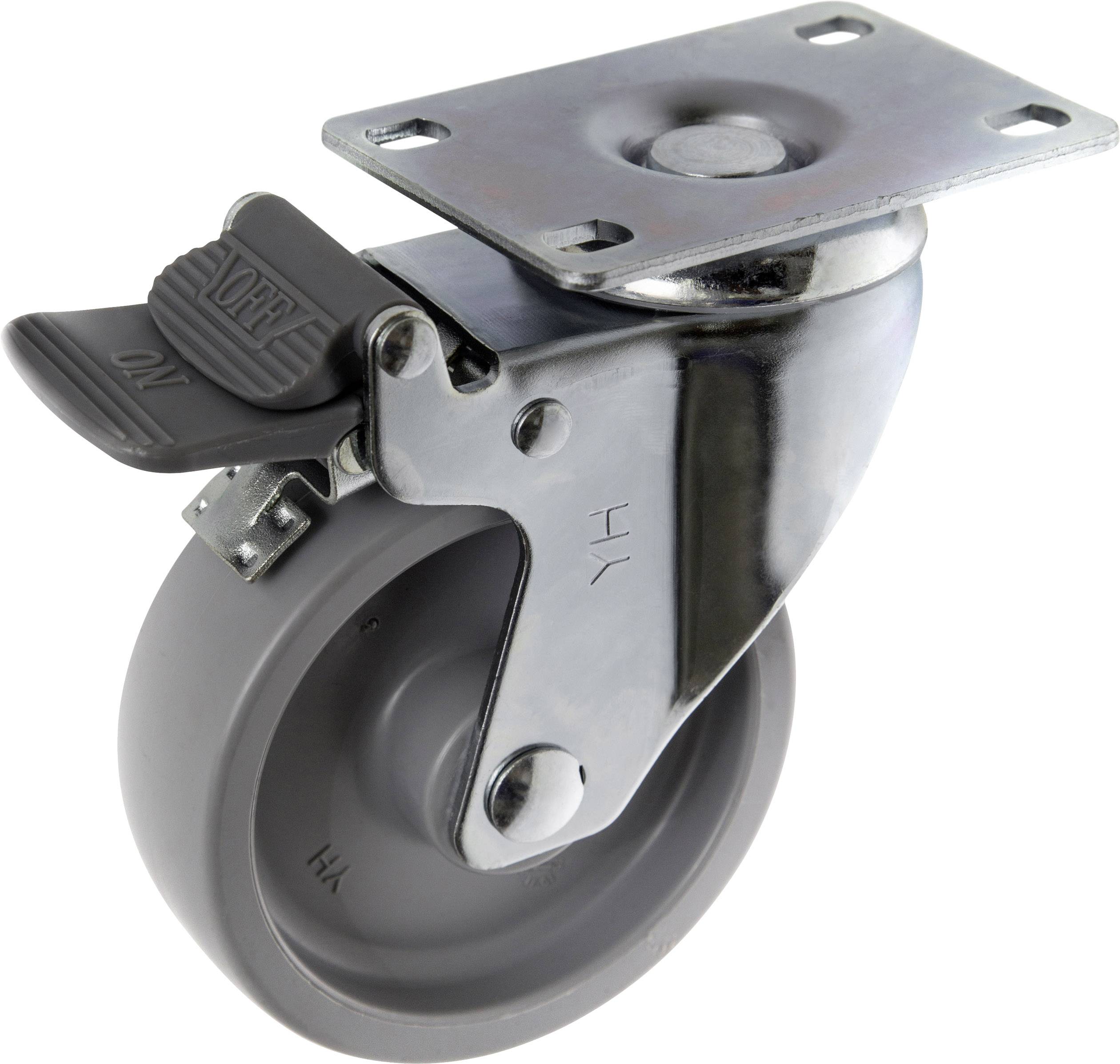Schwenkrolle mit grauem Rad und Metallplatte, geeignet für Möbel und Transportgeräte. Enthält eine Feststellbremse für Stabilität.