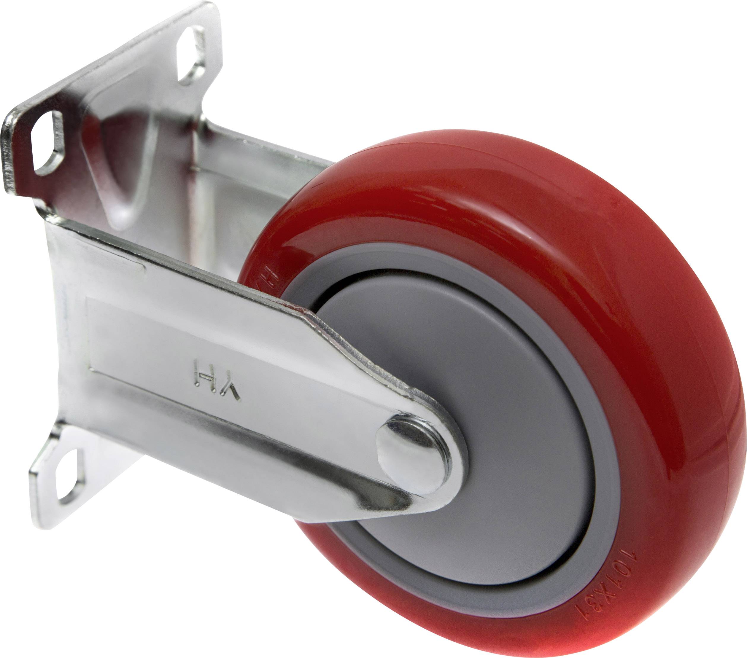 Rotes Laufrolle mit grauer Radmitte, montiert an einer Metallhalterung. Geeignet für Möbel oder Transportwagen.