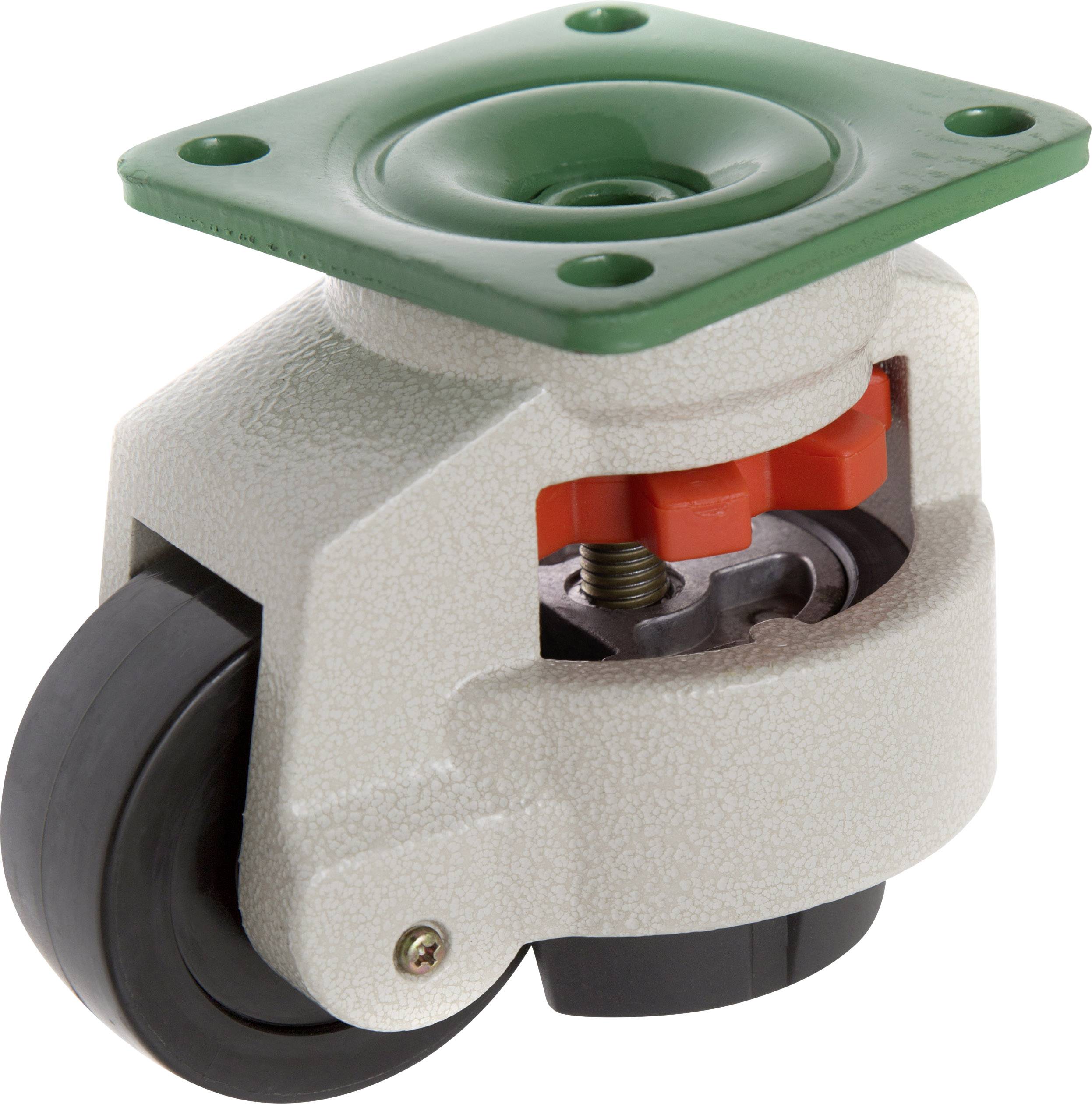 Industrielle Laufrolle aus Metall und Kunststoff mit schwarzem Rad, grüner Befestigungsplatte und roter Befestigungskomponente.
