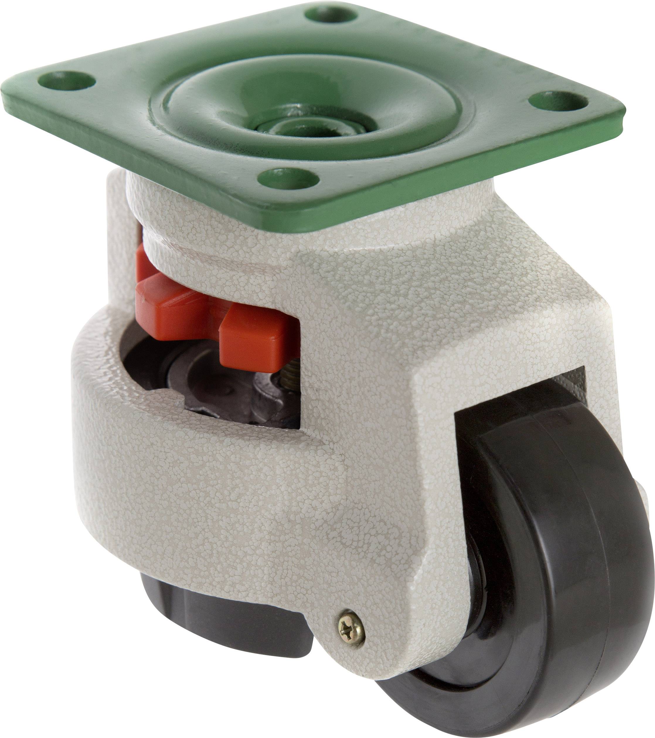 Rollenlager mit grauer Halterung und schwarzem Rad. Oben grüne Metallplatte zur Befestigung.