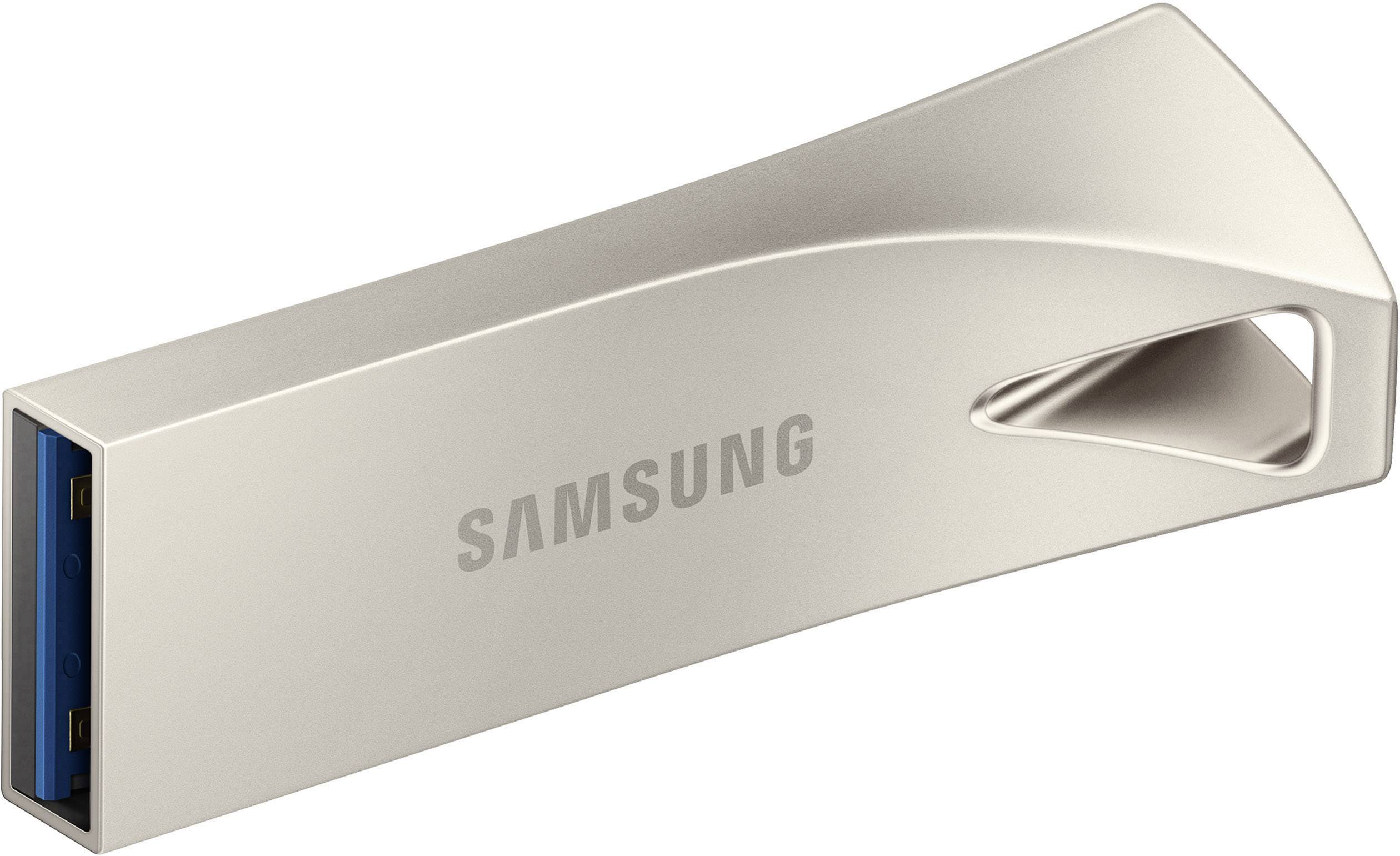 USB-Stick von Samsung mit Metallgehäuse und blauer USB-A-Verbindung.