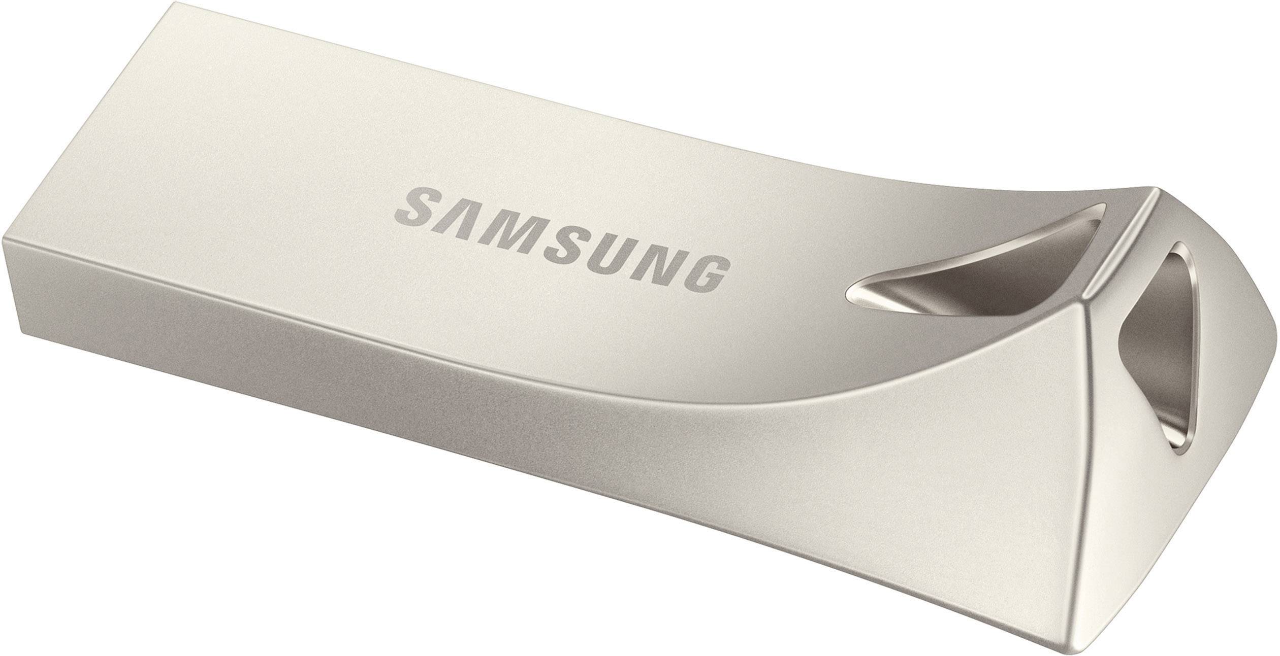 USB-Stick aus Metall mit 'SAMSUNG'-Logo, rechteckige Form, gebogene Kante und Schlüsselanhängeröse.