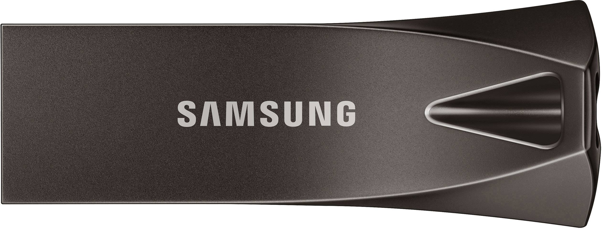 Darkgrauer Samsung USB-Stick in Nahaufnahme, rechteckig mit abgerundeten Kanten und dem Samsung-Logo in der Mitte.