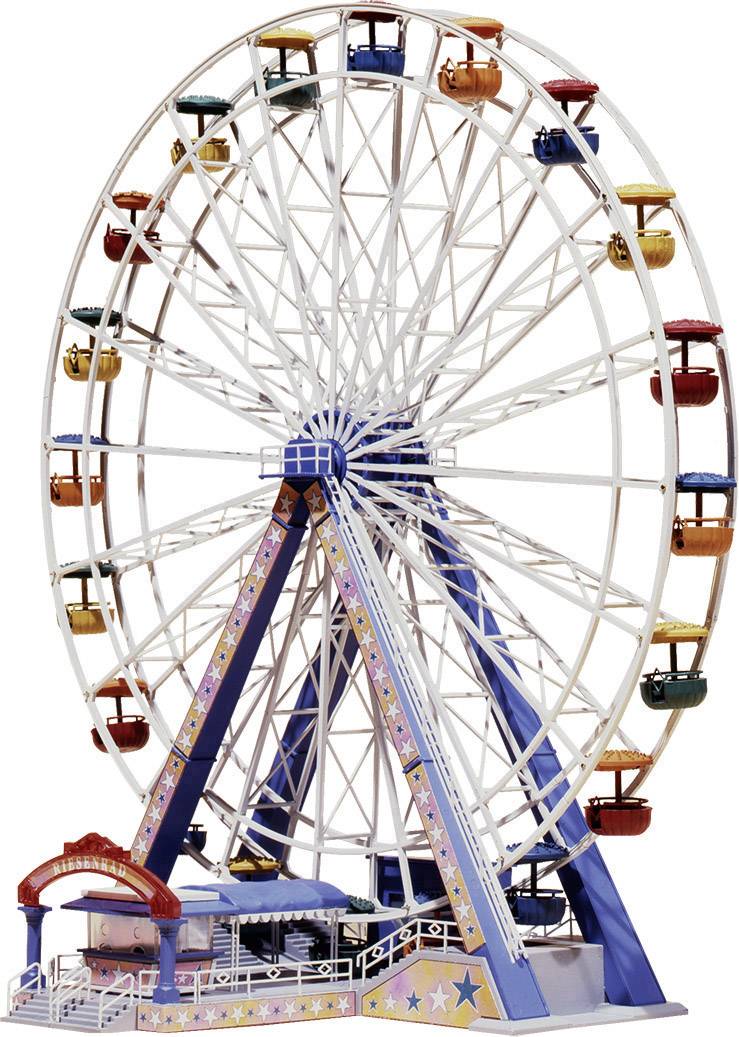 Riesenrad mit bunten Gondeln, festlich dekoriert, auf einem Jahrmarkt. Im Hintergrund sind keine Personen oder spezifischen Details sichtbar.