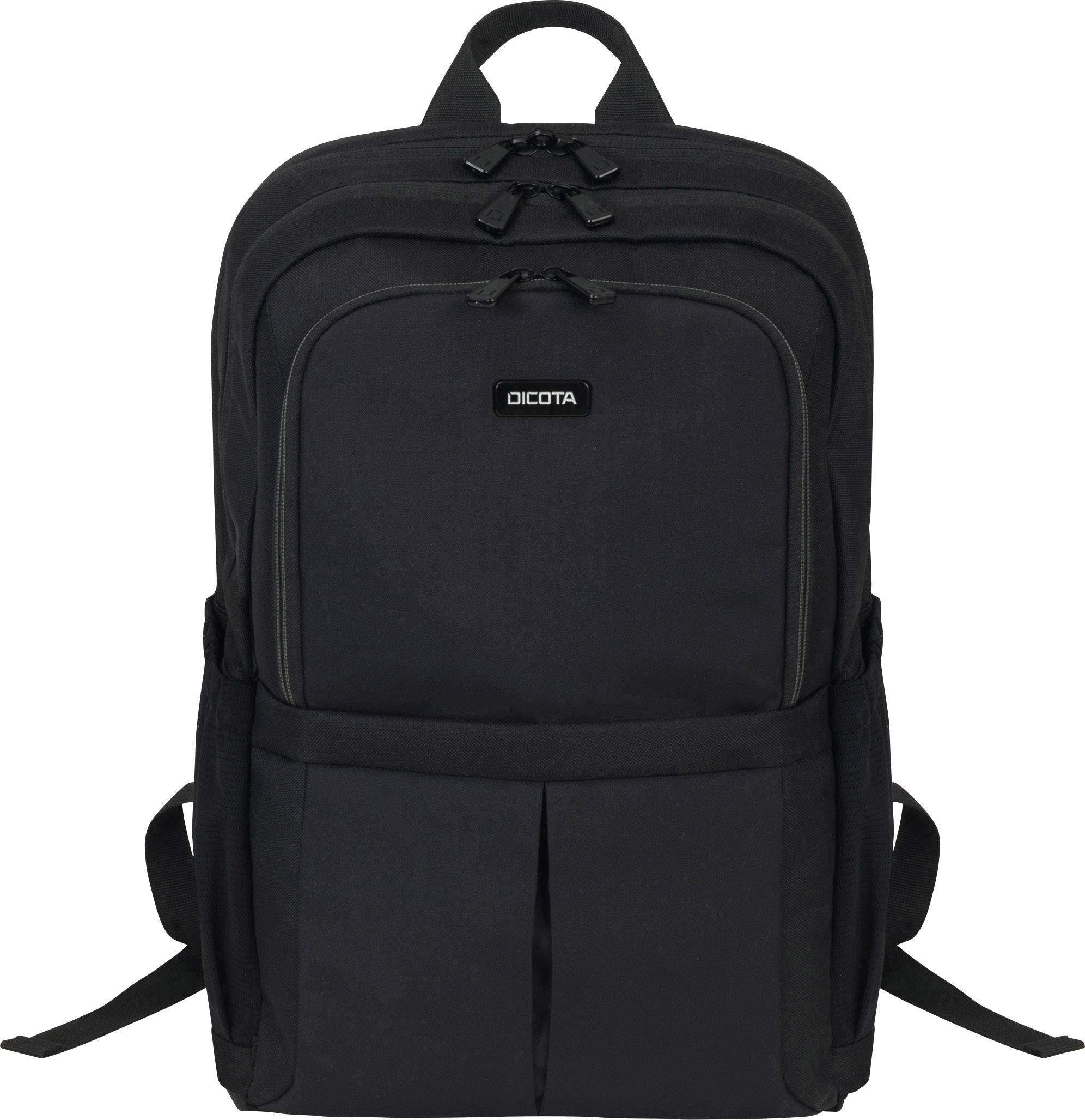 Ein schwarzer Rucksack mit mehreren Fächern und einem Tragegriff oben, geeignet für Laptops und Schulmaterial.