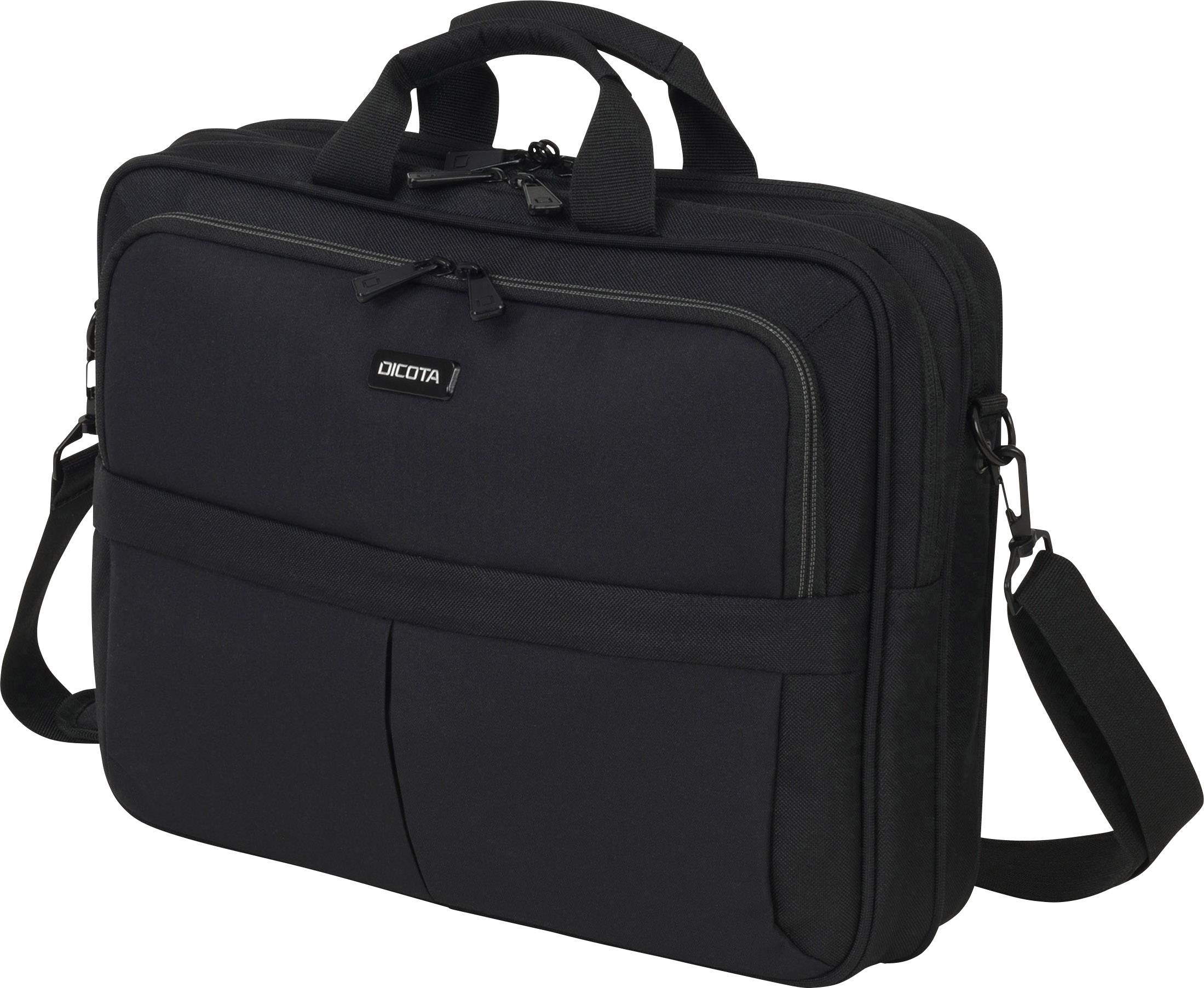 Schwarze Laptoptasche mit zwei Griffen und einem abnehmbaren Schultergurt. Die vordere Tasche hat ein Markenlogo.