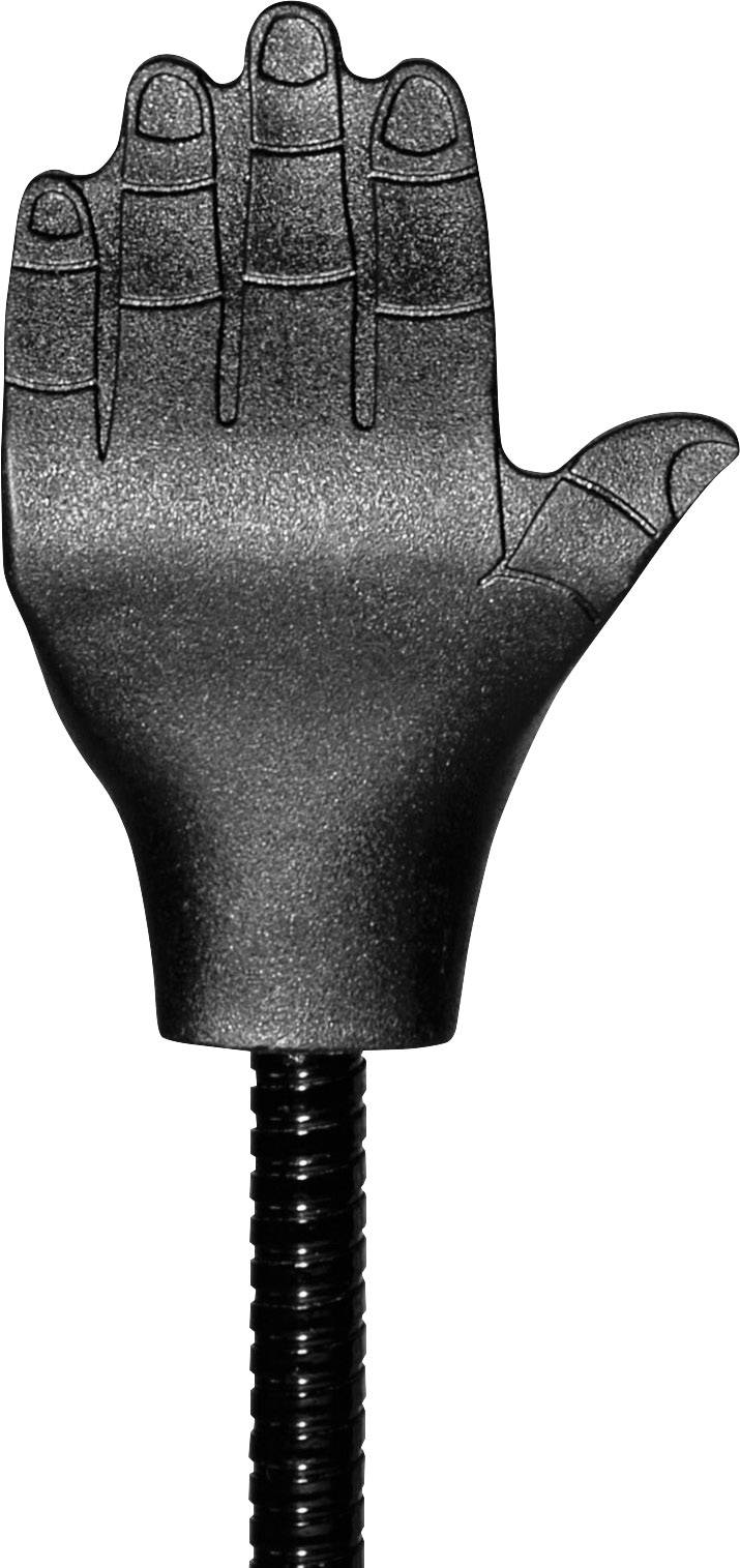 Eine schwarze, stilisierte Hand auf einem flexiblen Stab.