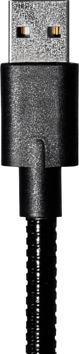 Ein schwarzes USB-Kabel mit einem silbernen Stecker, typischerweise verwendet für den Anschluss von Geräten an Computer.