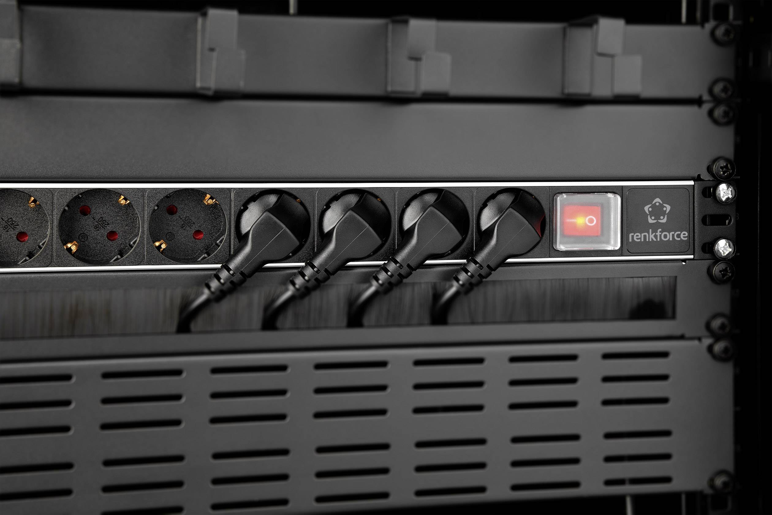 Renkforce RF-3426424 19 Zoll Netzwerkschrank-Steckdosenleiste 1 HE Schutzkontaktsteckdose mit Schalter Schwarz, Grau
