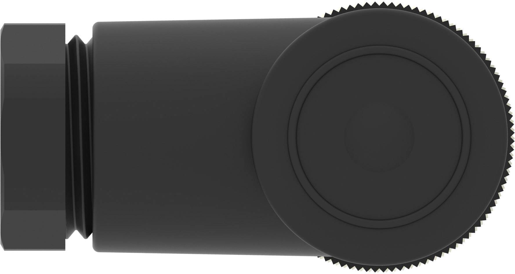 Schwarzes zylindrisches Objekt mit geriffeltem Rand auf einer Seite; möglicherweise ein Adapter oder Verbinder. Keine weiteren Details sichtbar.