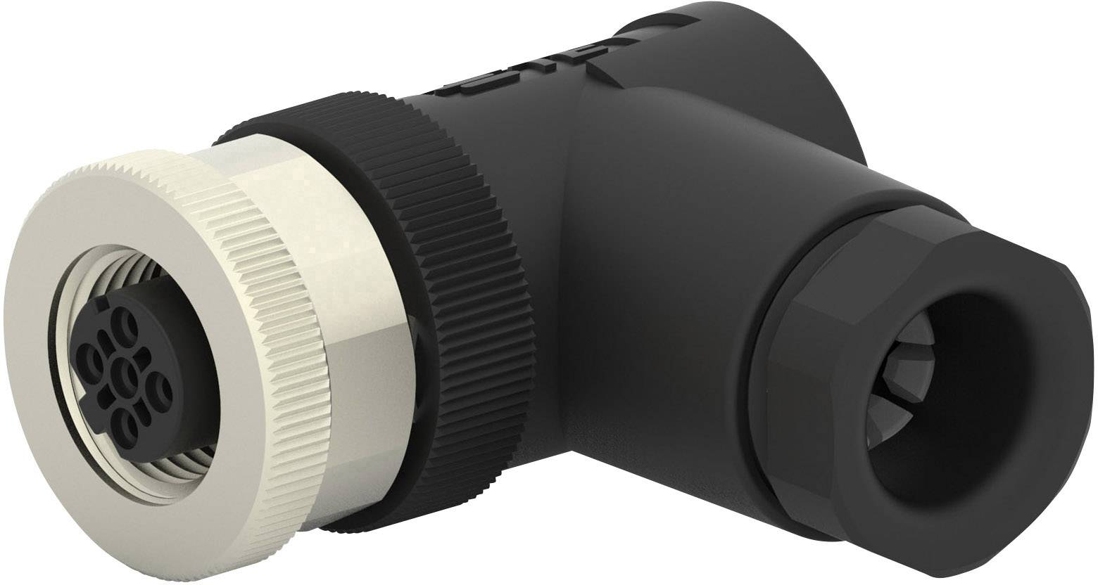 Ein rechter Winkel Adapterstecker mit fünffach Stecksystem in schwarzem und metallischem Finish. Geeignet für elektronische Anwendungen.