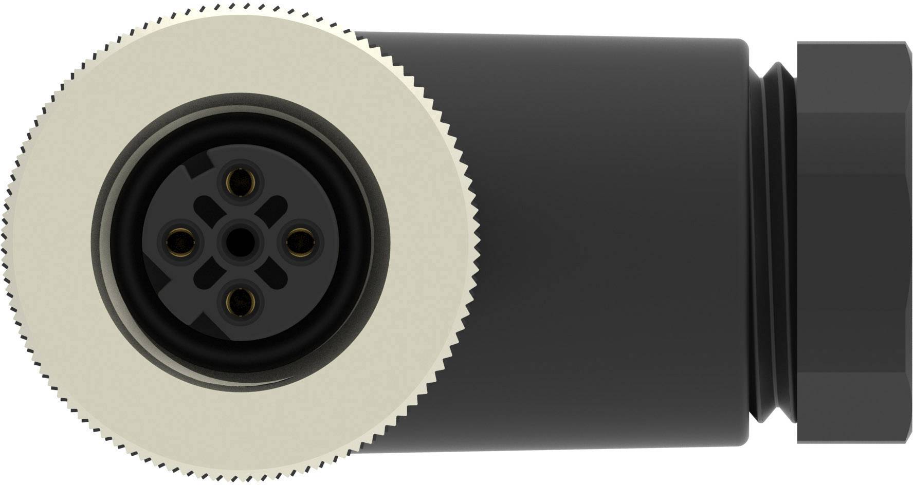 Schwarzer, zylindrischer Steckverbinder mit rundem silbernem Rand und mehreren Anschlussstiften, verwendet für elektrische Geräte.