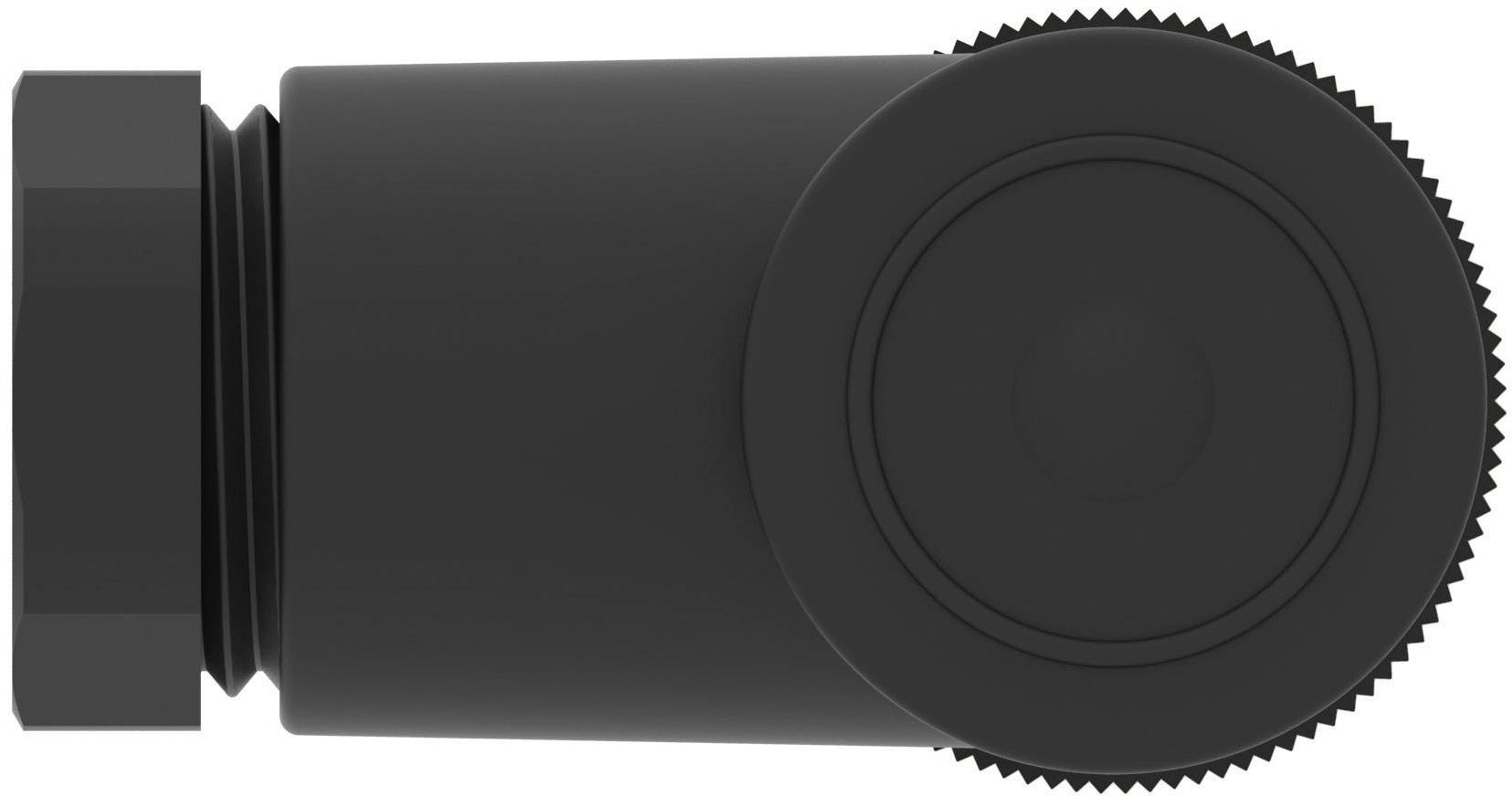 Schwarzes, zylindrisches Objekt mit einem geriffelten Rand, das seitlich liegt und aus Kunststoff oder Metall sein könnte.