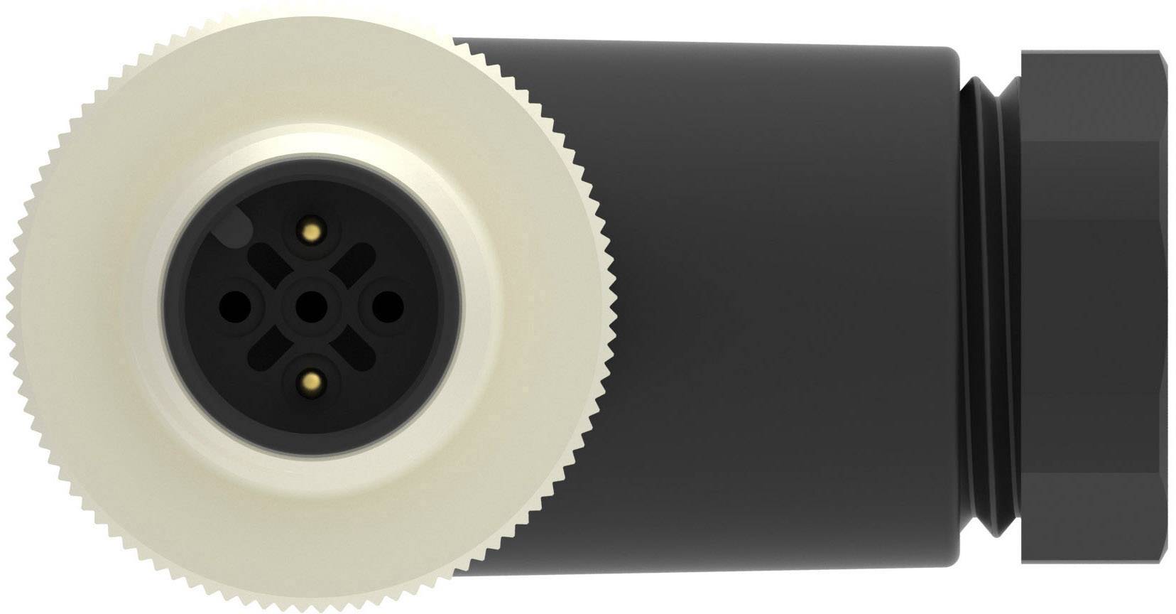 Zylindrisches Objekt mit Zahnrädern auf einer Seite und einem kreisförmigen, schwarzen Anschluss mit mehreren Pins auf der anderen Seite.
