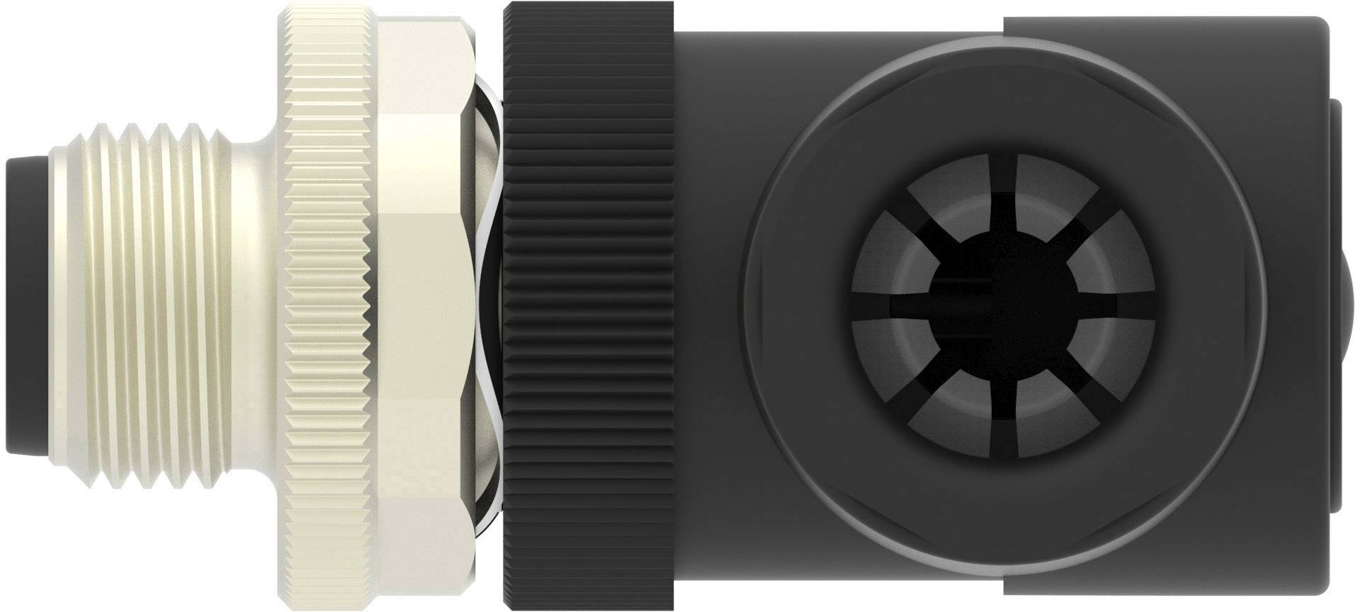 Industrie-Steckverbinder, Draufsicht: Linker Teil metallisch, zylindrisch mit Gewinde; rechter Teil schwarz mit kreisförmiger Öffnung.