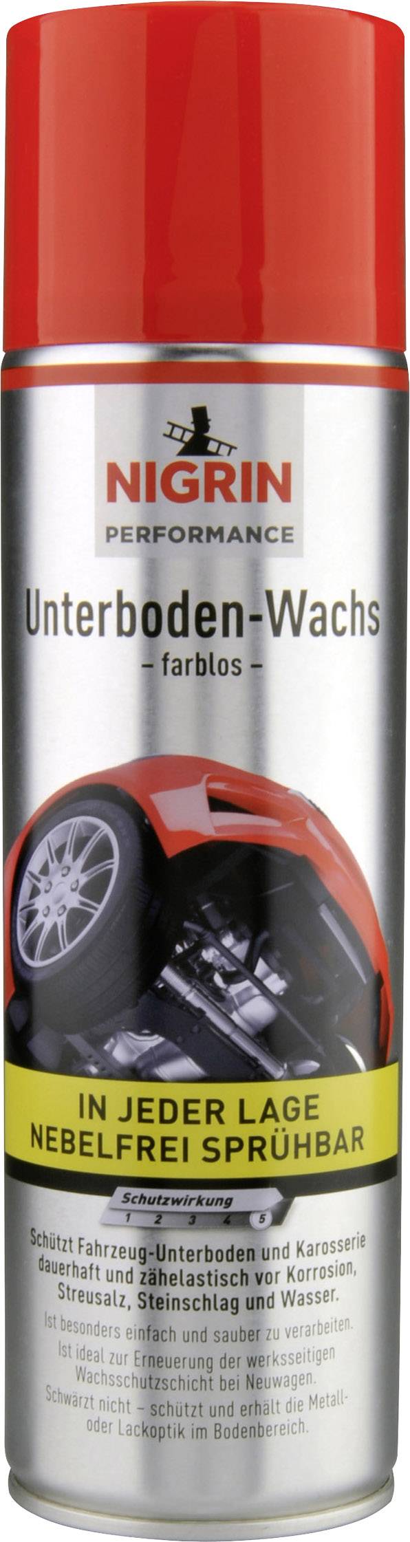 Sprühdose mit 'Nigrin Unterboden-Wachs', schützt Autounterboden vor Schmutz, Salz und Wasser. Rot-graues Design, Bild eines Autos.