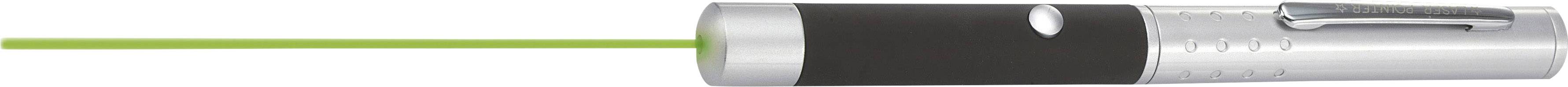 Ein Laserpointer mit grünem Lichtstrahl zeigt auf ein Ziel. Der Griff ist schwarz mit silbernen Details und einem Clip.